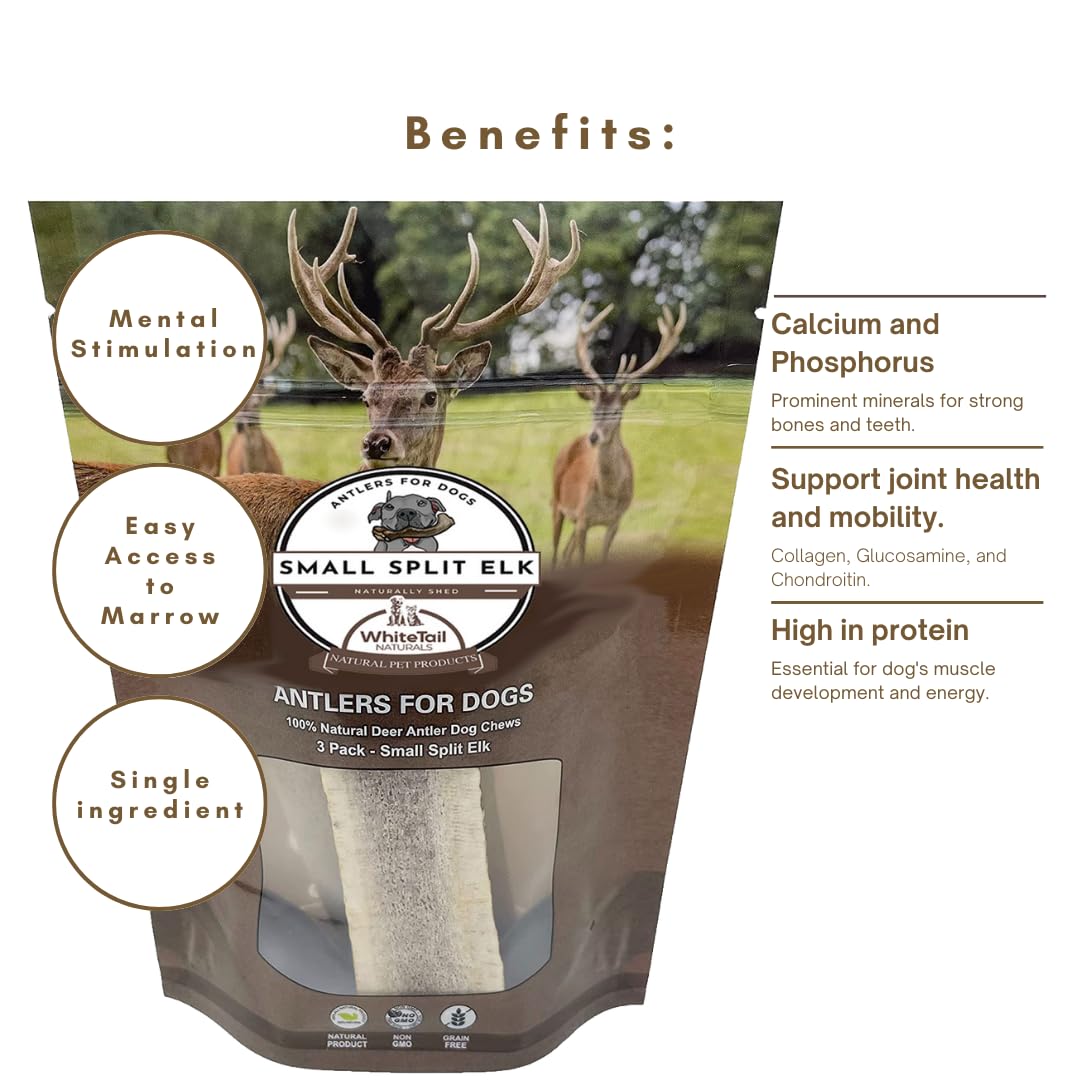 WhiteTail Naturals - Premium Split Elk Antlers for Dogs - (3 Pack Small to Medium) - All Natural, Dog Chew Bones - Naturally She