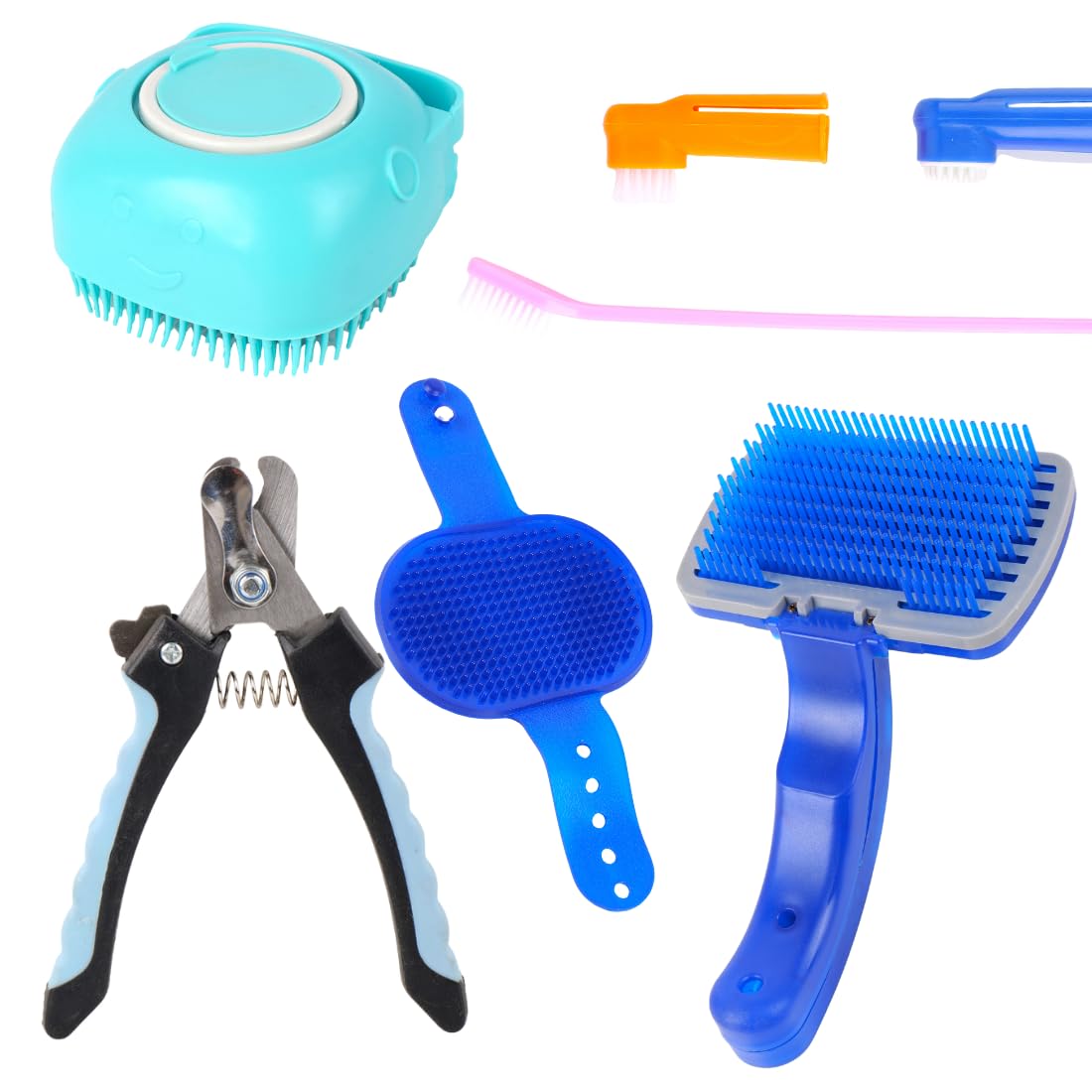 Pet Grooming Kit, 6Piece Dog Brush Set with Nail Clippers, SelfCleaning Slicker Brush, Deshedding Tool, Toothbrushes, Blue and