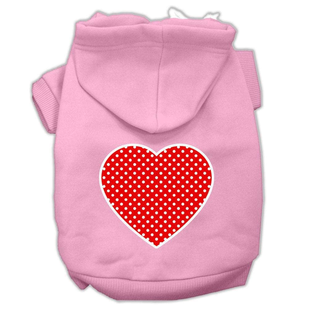 Pet Dog & Cat Hoodie Screen Printed, Red Swiss Dots Heart Light Pink LG (10-14 lbs.)