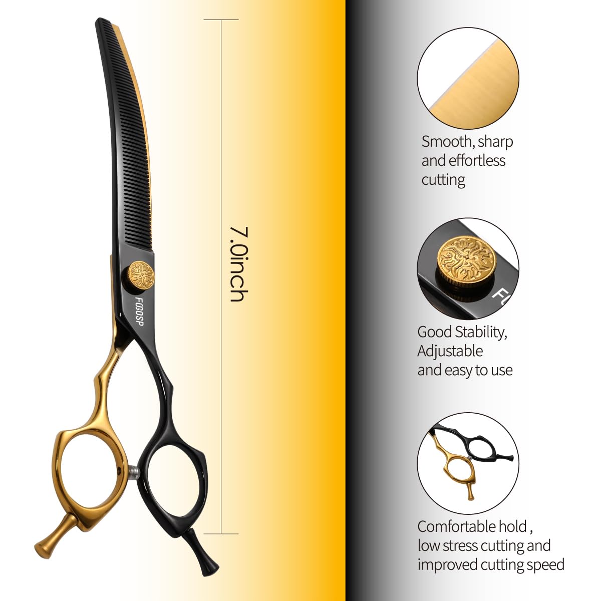Fogosp Curved Thinning Shears Dog Grooming 7.5 In Black & Gold Two Color Multipurpose Professional Dog Grooming Scissors For Lar