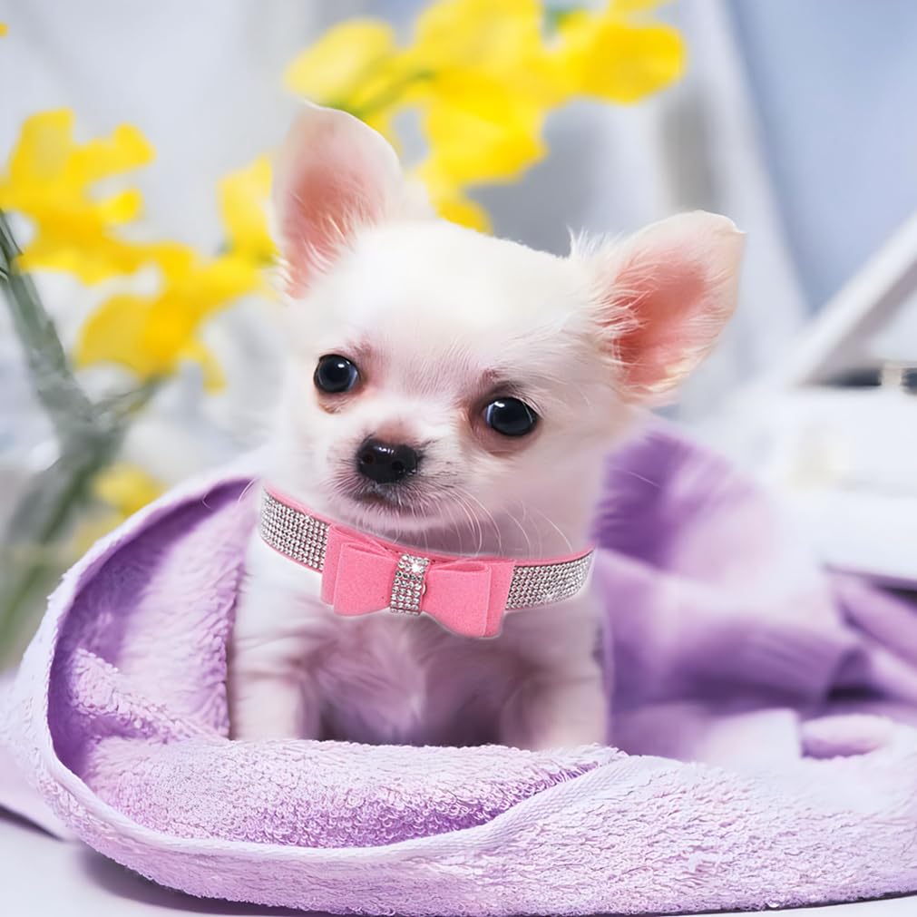 Diamond Dog Collar, Puppy Collar Girls, Bling Rhinestone Jewel Glitter Sparkly Bedazzled Cat Collars With Bow Adjustable For Xxs