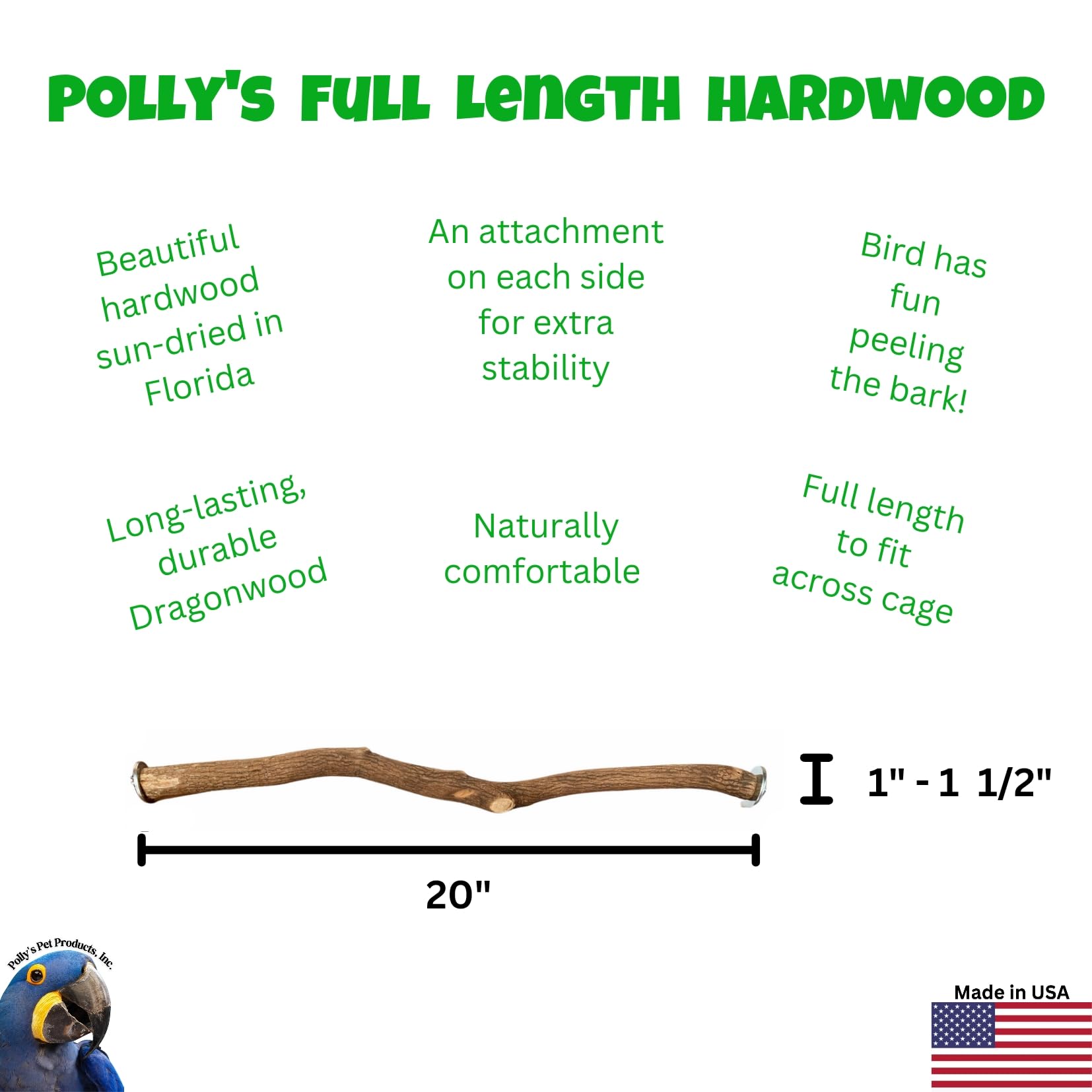 Polly'S Full Length Hardwood Bird Perch, 20-Inch