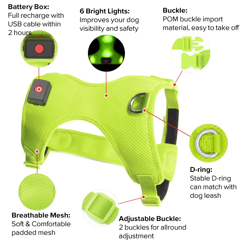 DOMIGLOW Light Up Harness for Dogs, No-Pull LED Dog Harness, USB Rechargeable Glowing Pet LED Vest for Night Walking Camping (Gr