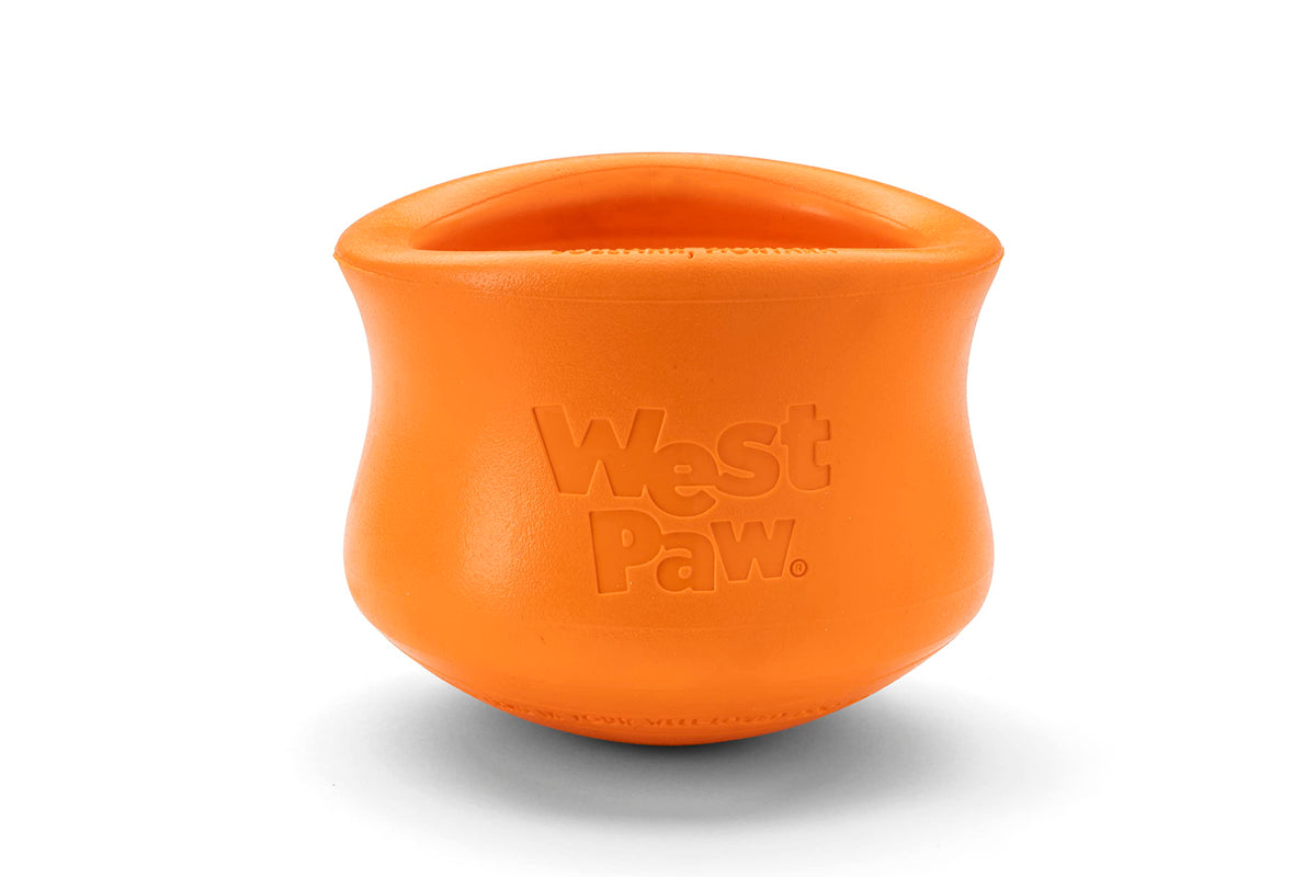 West Paw Zogoflex Toppl Treat Dispensing Dog Toy Puzzle – Interactive Chew Toys For Dogs – Dog Toy For Moderate Chewers, Fetch, Catch – Holds Kibble, Treats, Large 4', Tangerine