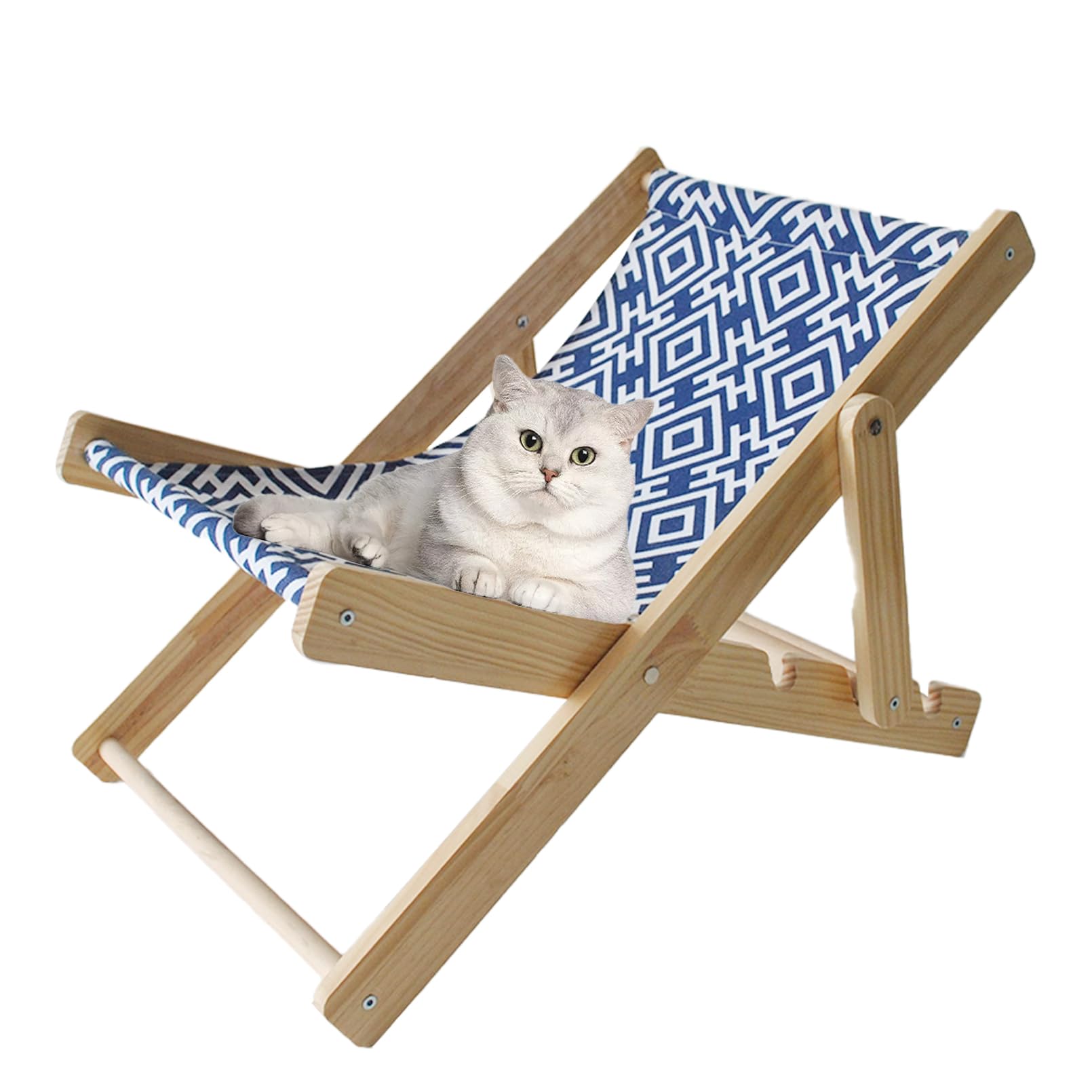 Muyg Wooden Cat Lounge Chair,Natural Solid Wood Elevated Cat Beach Chair With Sturdy Canvas,Adjustable Kitty Hammock Bed For Out