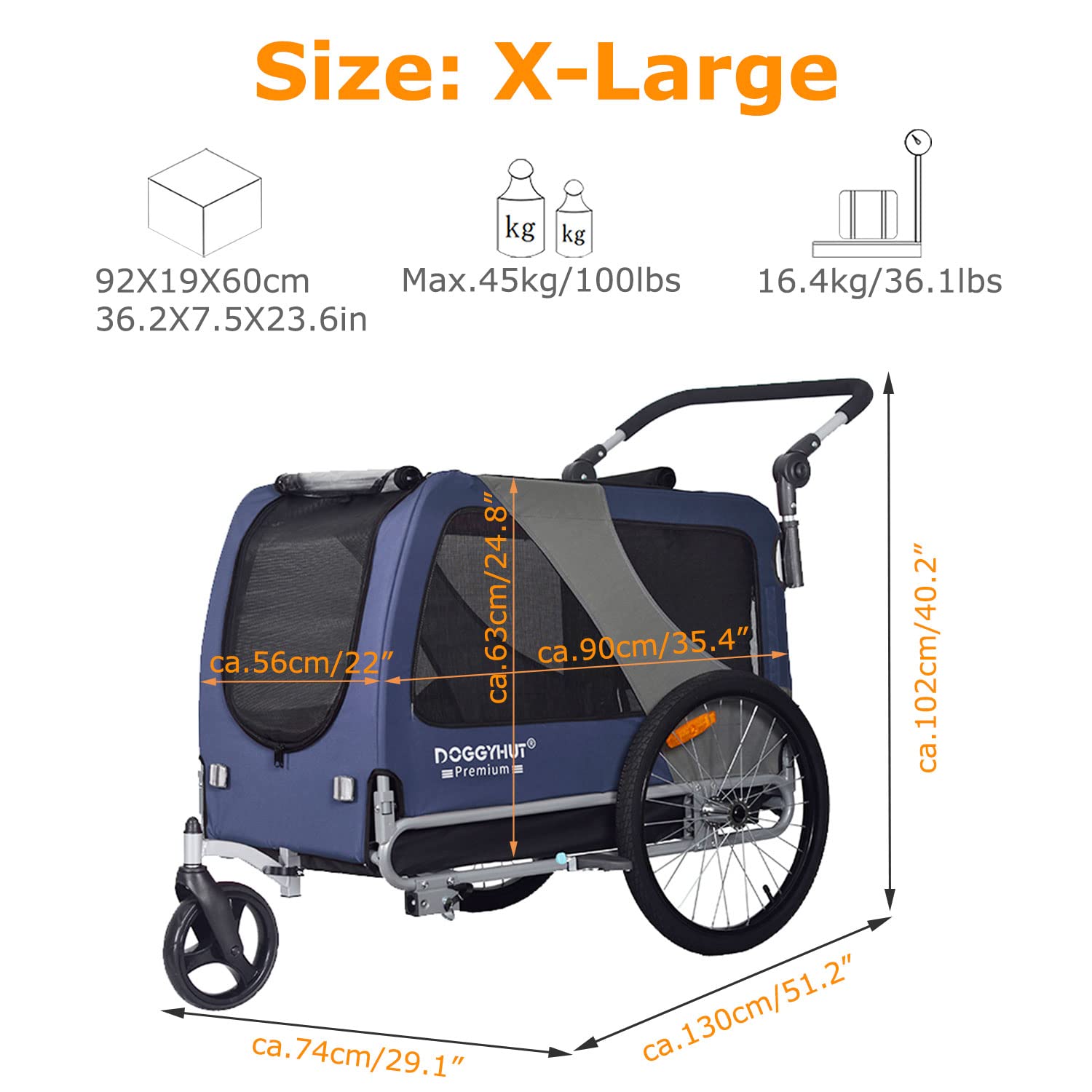 Doggyhut Premium Pet Bike Trailer & Stroller For Small,Medium Or Large Dogs,Bicycle Trailer For Dogs Up To 100 Lbs (Blue, Xl)