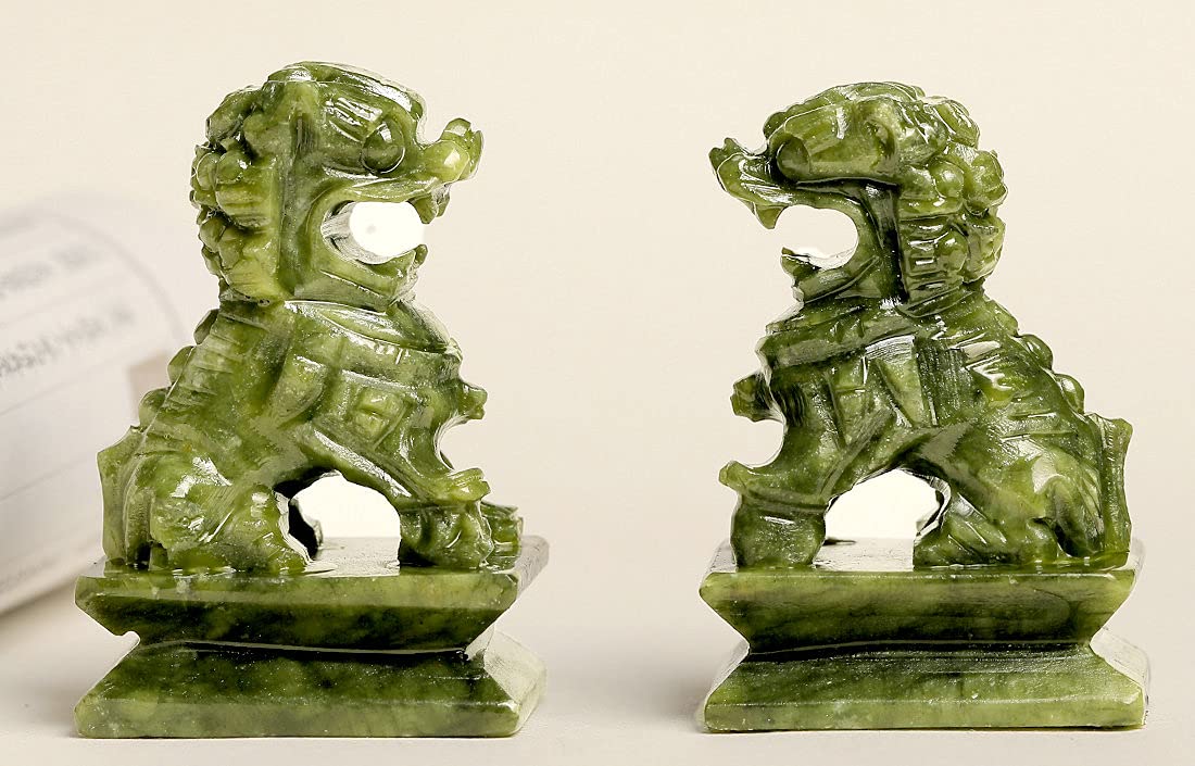 A Pair Natural Green Jade Carved Feng Shui Fu Foo Dog Guardion Door Lion (2.8'' H X 1.8'' L X 1.2'' W (Inch) 0.7Lb)