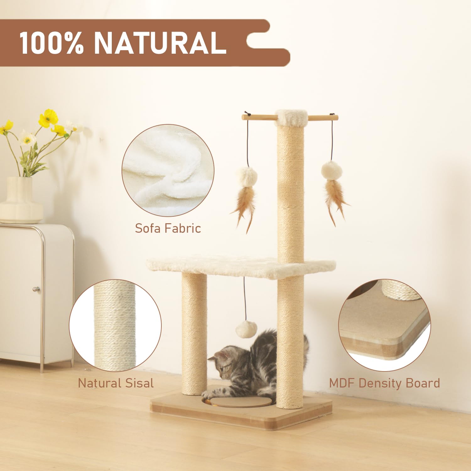 Peekab Cat Scratching Post 31In Tall Sisal Scratch Posts With Perch Tracking Interatcive Toys Vertical Scratcher For Indoor Cats