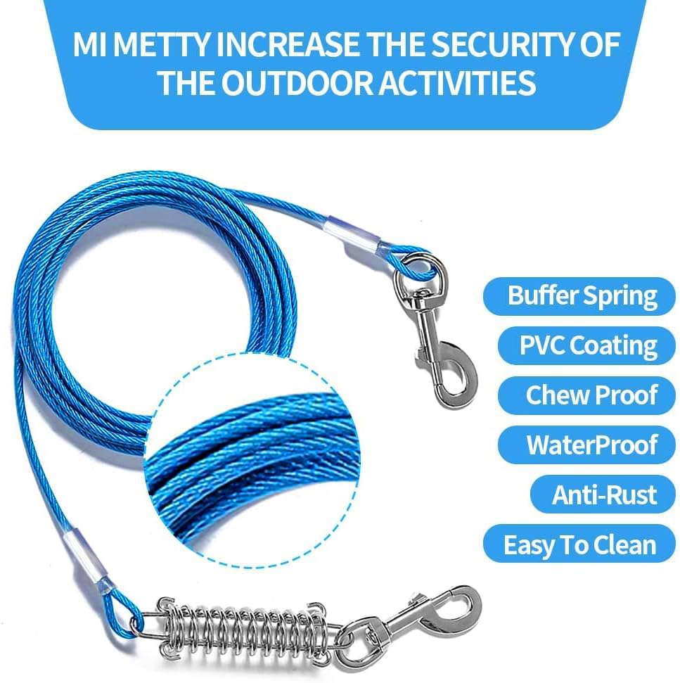 Mi Metty Dog Runner Tie Out Cable For Dogs Up To 250 Pound,Heavy Duty Leash Made Of Coated Wire Rope For Large And Medium Dogs,Cable Leashes With Soft Silicone Grip.Dog Chains【20 Feet Long-Blue】
