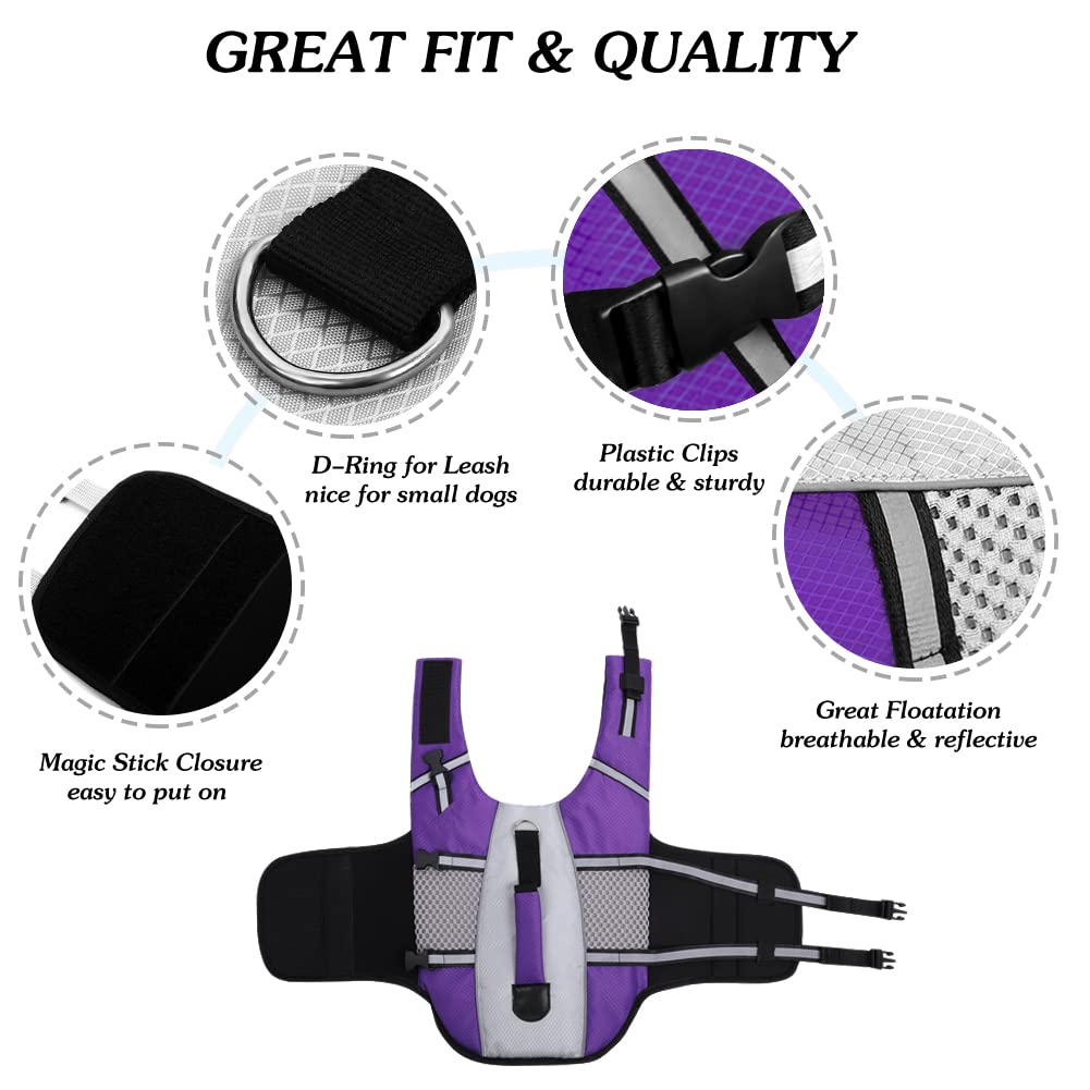 Dog Life Jacket Swimming Vest Lightweight High Reflective Pet Lifesaver With Lift Handle, Leash Ring Purple,S