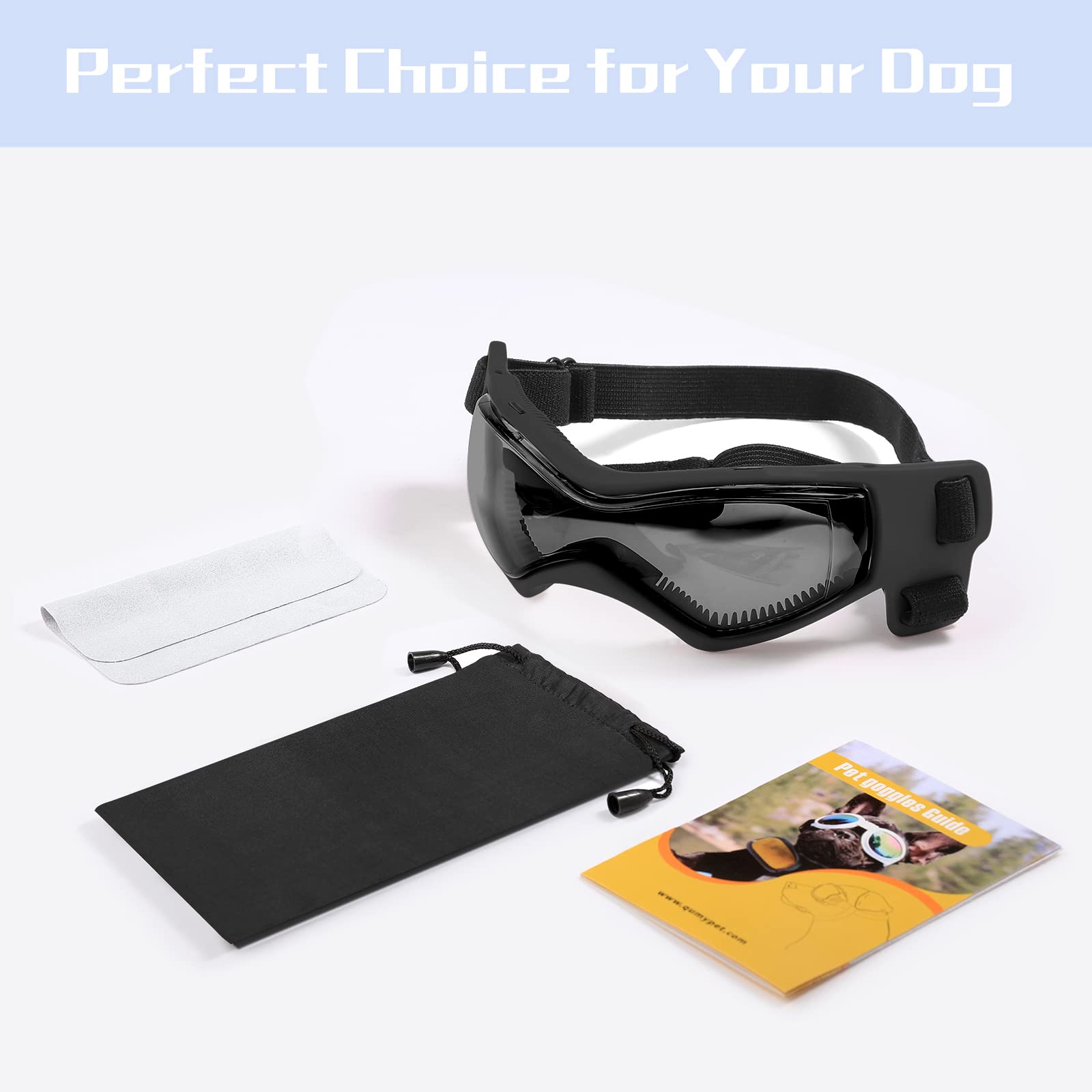 QUMY Dog Goggles UV Protection for Small to Medium Dogs, Windproof, Anti-Fog, Black, 4 Piece Set