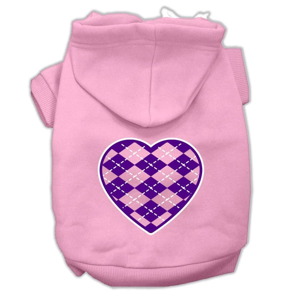 Pet Dog & Cat Hoodie Screen Printed, 'Purple Argyle Heart' Light Pink Lg (10-14 Lbs.)