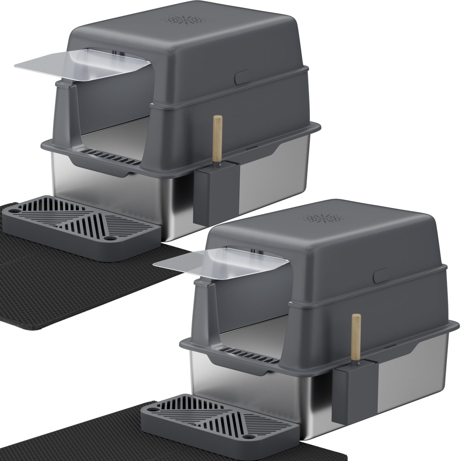 Stainless Steel Litter Box With Lid, 2 Pack Xl Metal Cat Litter Box With Removable High Sided Enclosed, Foot Pedal & Scoop & Lit