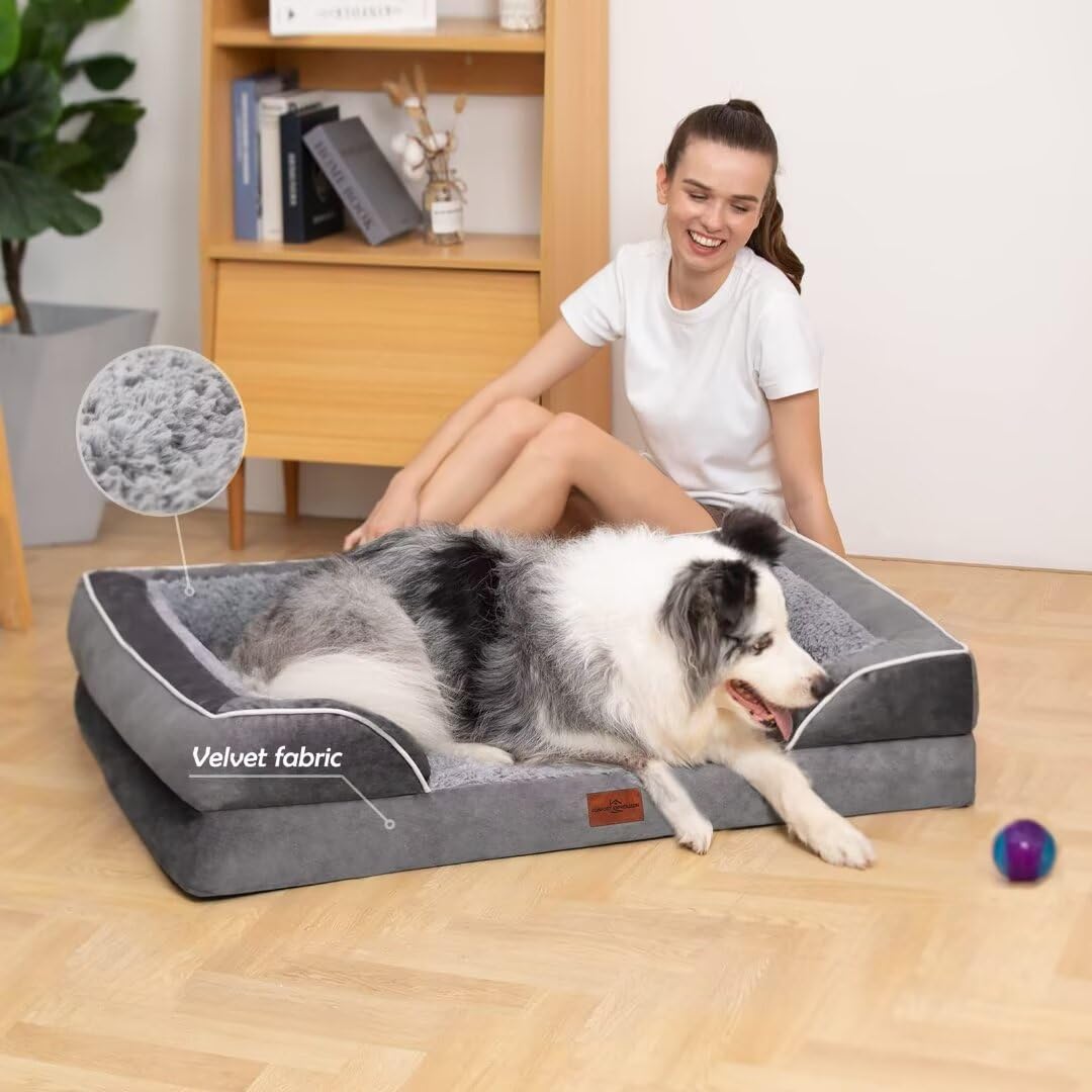 Comfort Expression Cooling Dog Bed For Large Dogs, Orthopedic Memory Foam Dog Bed, Waterproof Dog Beds, Washable Dog Bed With Removable Cover,Pet Bed Dog Sofa With Bolster(Large,Silver Grey)