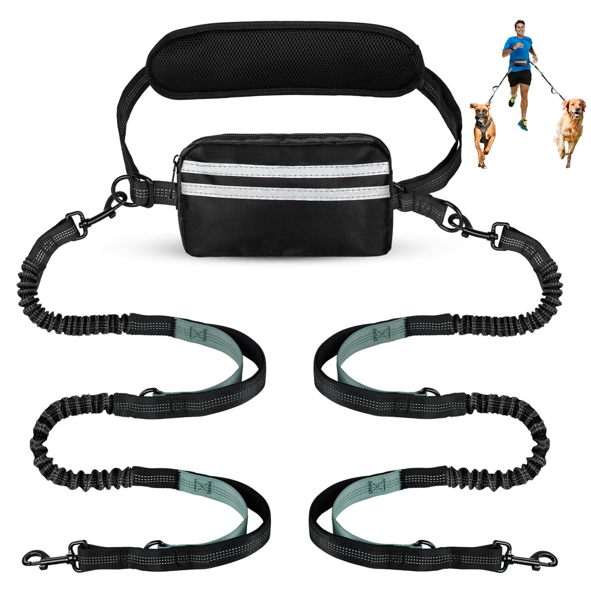 Yicostar Hands Free Dog Leash With Pouch, Double Leash For Two Dogs, Retractable Dog Leashes With Double Padded Handles, For Run