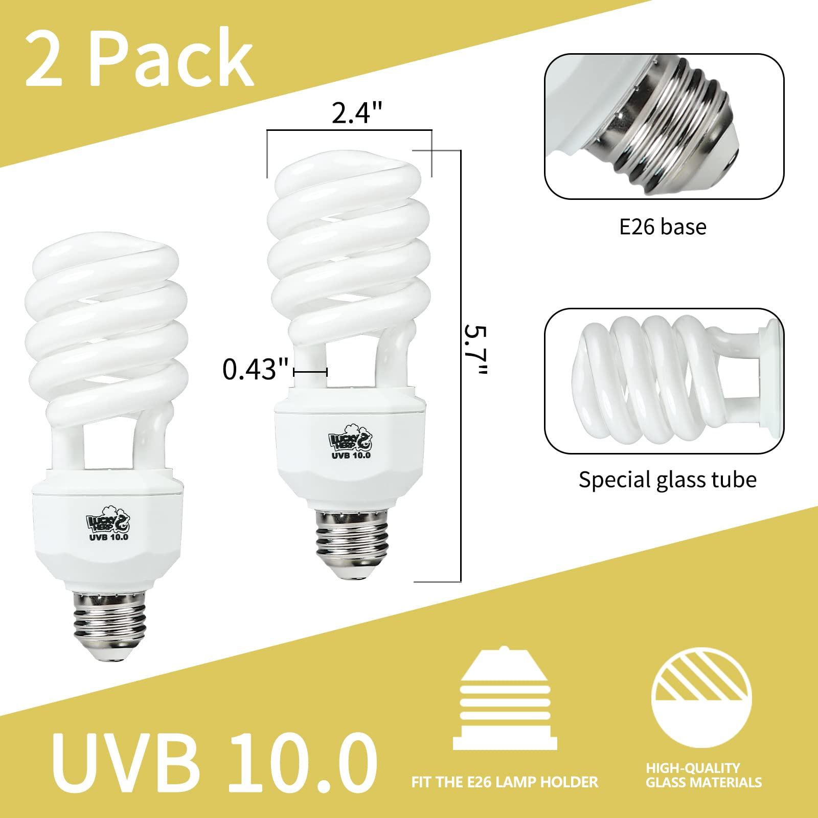 LUCKY HERP 2 Pack UVA UVB Reptile Light, 23W 10.0 UVB Bulb for Desert Reptiles, Compact Fluorescent Terrarium Lamp, Reptile UVB