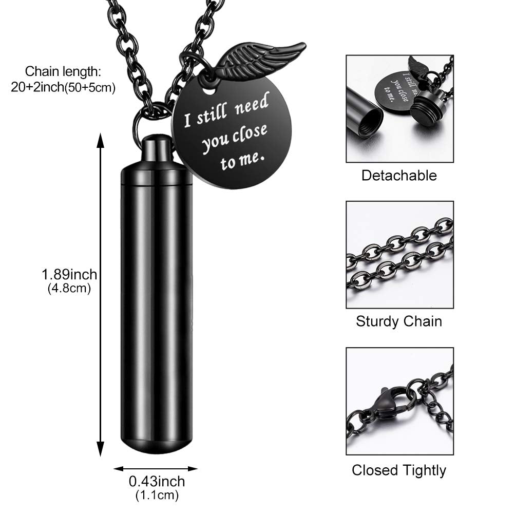 Dletay Cylinder Cremation Jewelry Urn Necklace For Ashes Memorial Ashes Necklace With Angel Wing Charm Memorial Keepsake For Pet Human-I Still Need You Close To Me