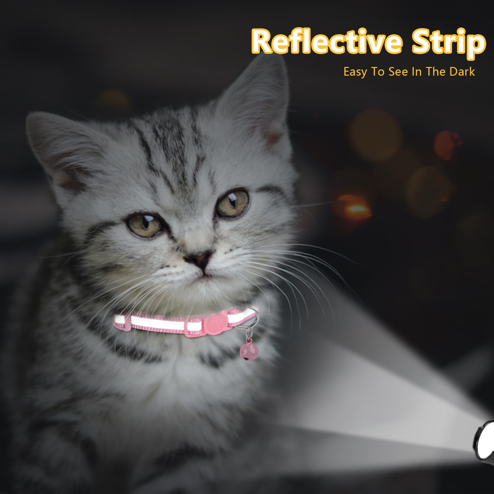Taglory Reflective Cat Collars Breakaway With Bell, 2 Pack Girl Boy Pet Kitten Collar Adjustable 6-8 Inch, Pink