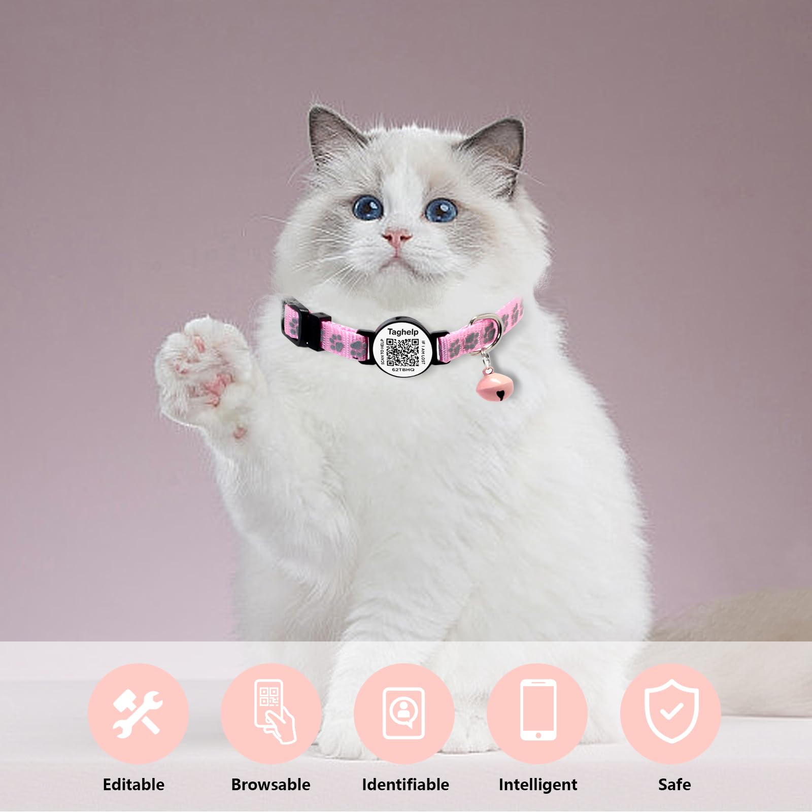 Taghelp Reflective Cat Collar Breakaway With Bells & Smart Id Qr Code Name Tag, 2 Pack Girl Boy Pet Cat Collar Adjustable 7.5-12