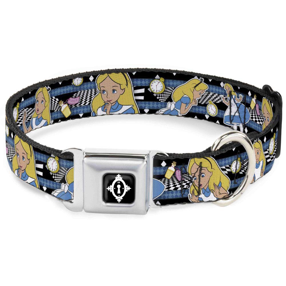 Dog Collar Seatbelt Buckle Alice In Wonderland Poses Clock Bottle Black White Blues 18 To 32 Inches 1.5 Inch Wide
