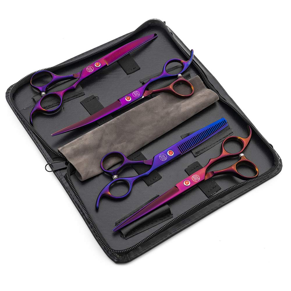 Moontay Professional 7.0' Dog Grooming Scissors Set, 4-Pieces Straight, Upward Curved, Downward Curved, Thinning/Blending Shears For Dog, Cat And Pets, Jp Stainless Steel, Purple