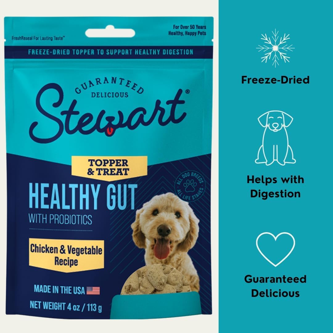 Stewart Freeze Dried Dog Food Topper, Healthy Gut, Chicken and Vegetable Recipe, 8 Ounce Pouch, Probiotics for Digestion