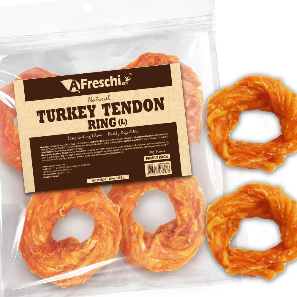 Afreschi Natural Turkey Tendon Ring (L) 10 oz, Turkey Sourced from USA, All Natural Puppy Chew, Hypoallergenic, Rawhide Alternat