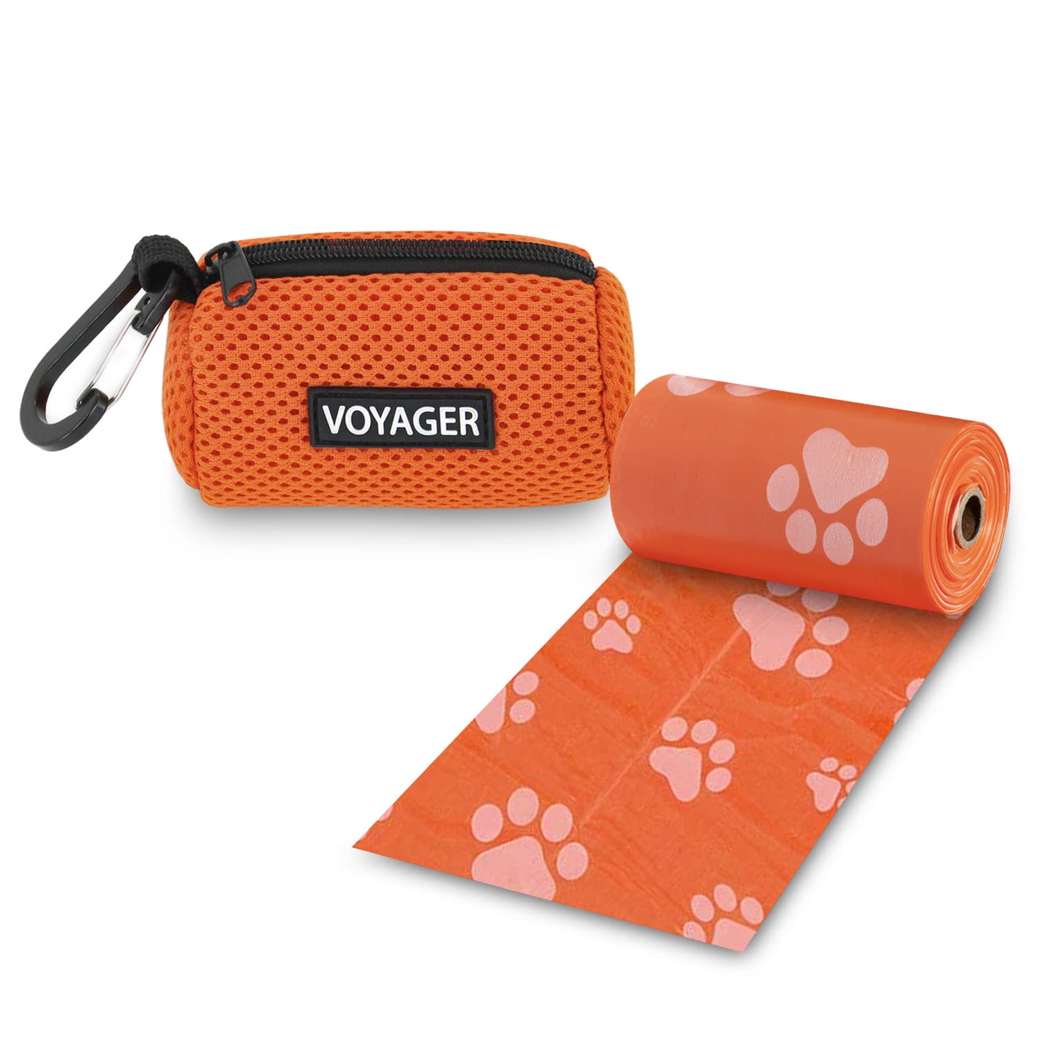 Best Pet Supplies Dog Poop Bag Holder Leash Attachment With 15 Bags, Orange, Reusable Mesh Dispenser Pouch For Travel, Walking, 