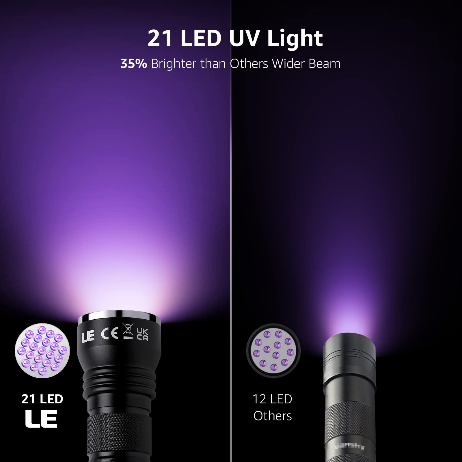 Le Black Light Flashlight, Small Uv Lights With 21 Leds, 395Nm, Ultraviolet Light Detector For Invisible Ink Pens, Pet Dog Cat Urine Stain And More, Aaa Batteries Included