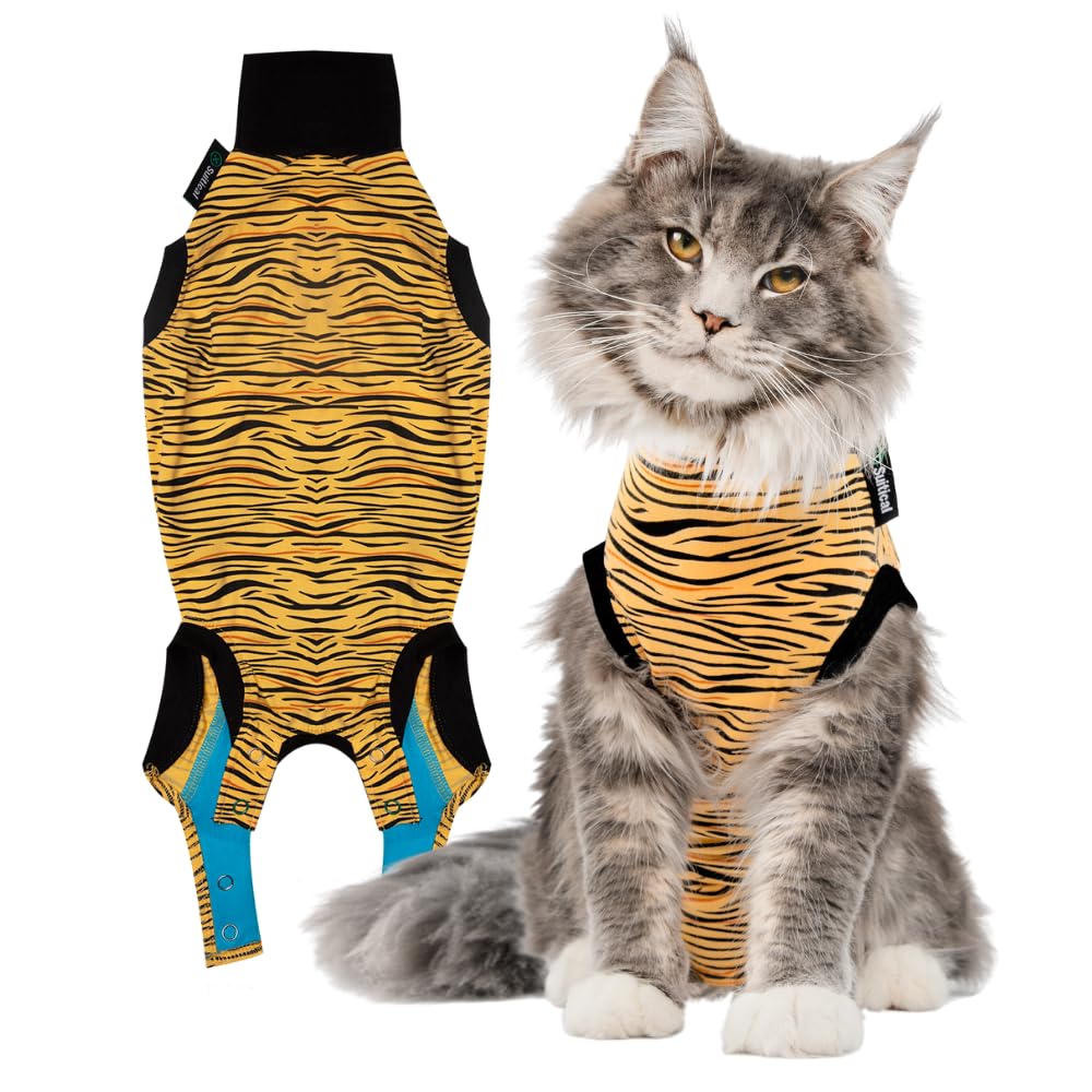 Suitical Cat Recovery Suit For Spay, Neuter, Suture, Incision, & Skin Conditions - Breathable Fabric With Back Opening - Xs, Tig