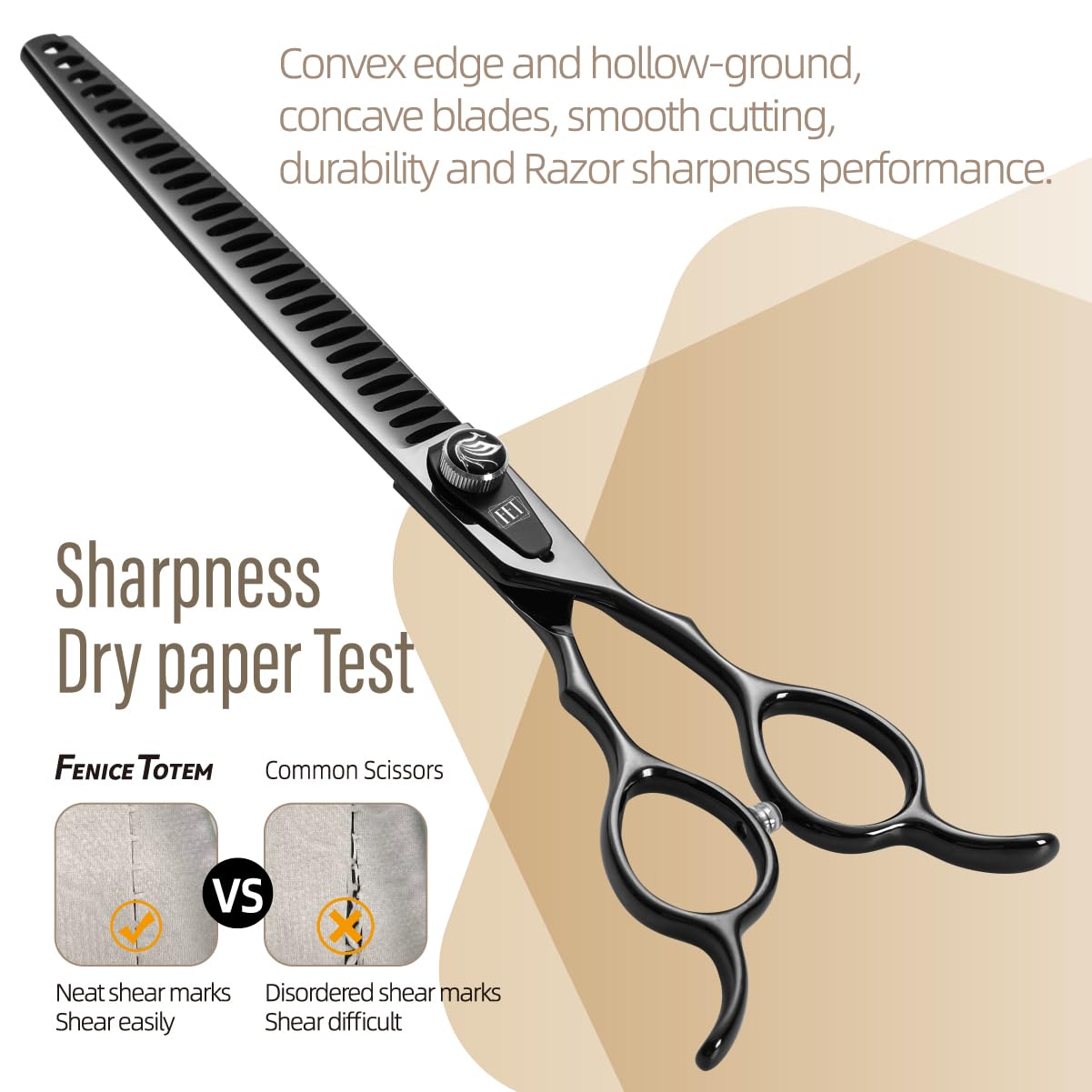 Fenice Totem Dog Grooming Scissors: 8.0 Inch Bright Black Pet Chunker Shears Made Of Japanese 440C Advanced Stainless Steel Prof