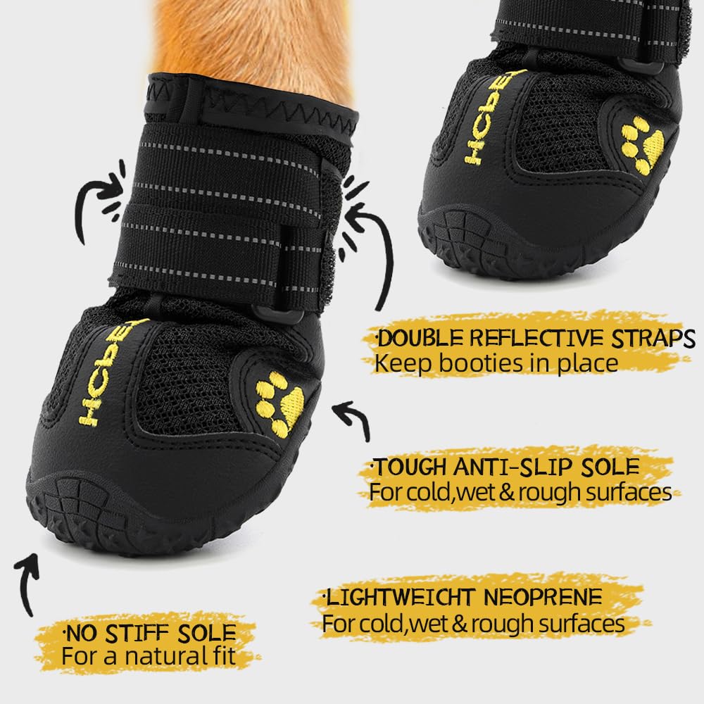 Hcpet Dog Boots - Anti-Slip Summer Shoes for Small to Large Dogs, #7 Size, Black-Breathable with Reflective Straps
