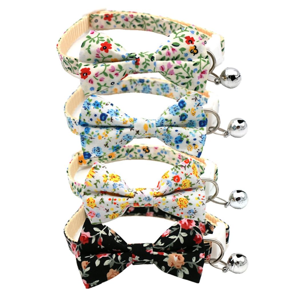 Bow Tie Small Dog Collar With Bells Cute Floral Cat Collar With Bowtie Puppy Kitten Collar Girl Boy Adjustable For Xxs Xxsmall X