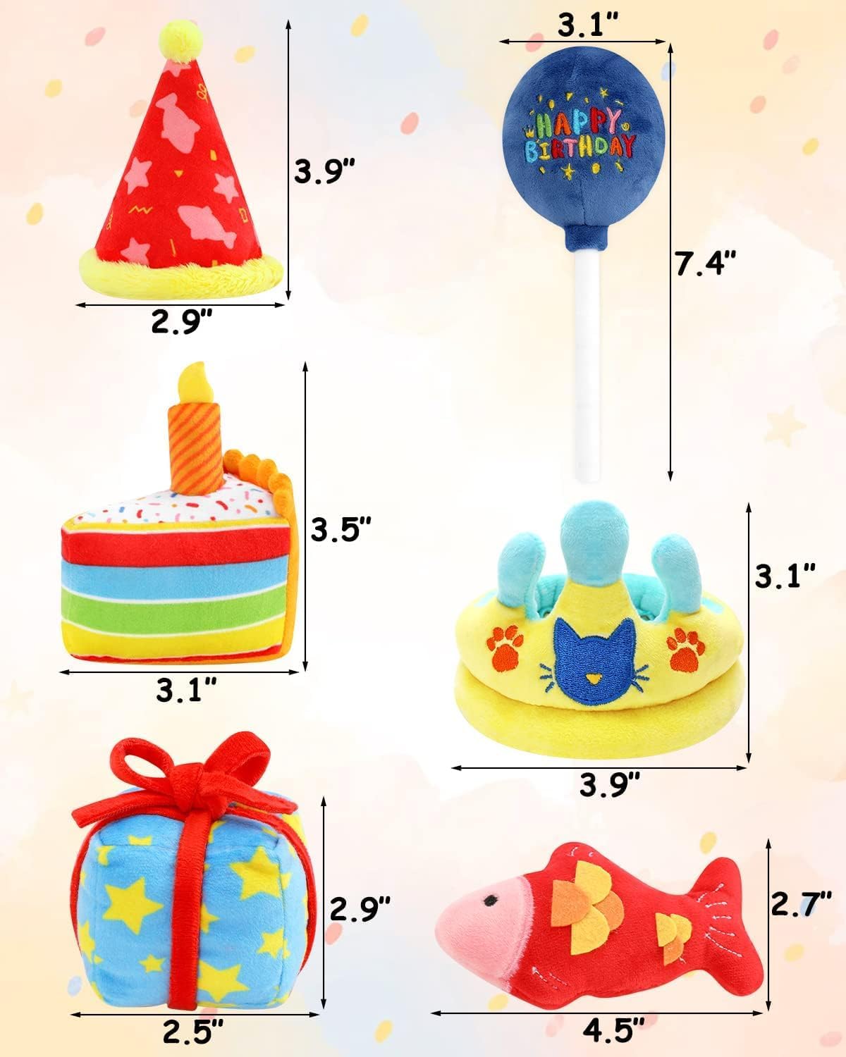 CiyvoLyeen 6Pcs Birthday Themed Catnip Toys Cat Birthday Gift Kitten Interactive Toys for Cat Lover Cake Crown Fish Soft Plush C