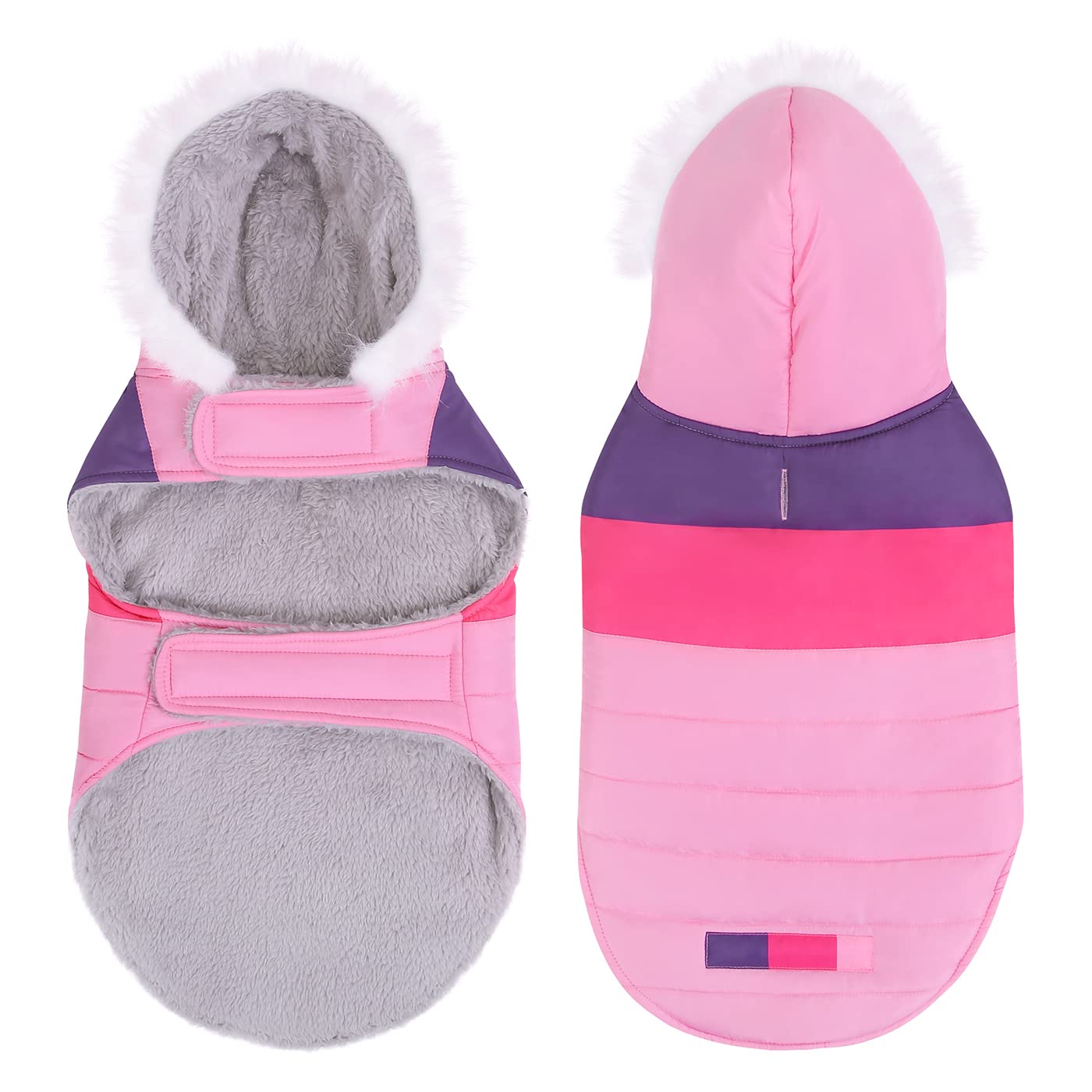 Hde Dog Puffer Jacket Fleece Lined Warm Dog Parka Winter Coat With Harness Hole Pink Stripe - S