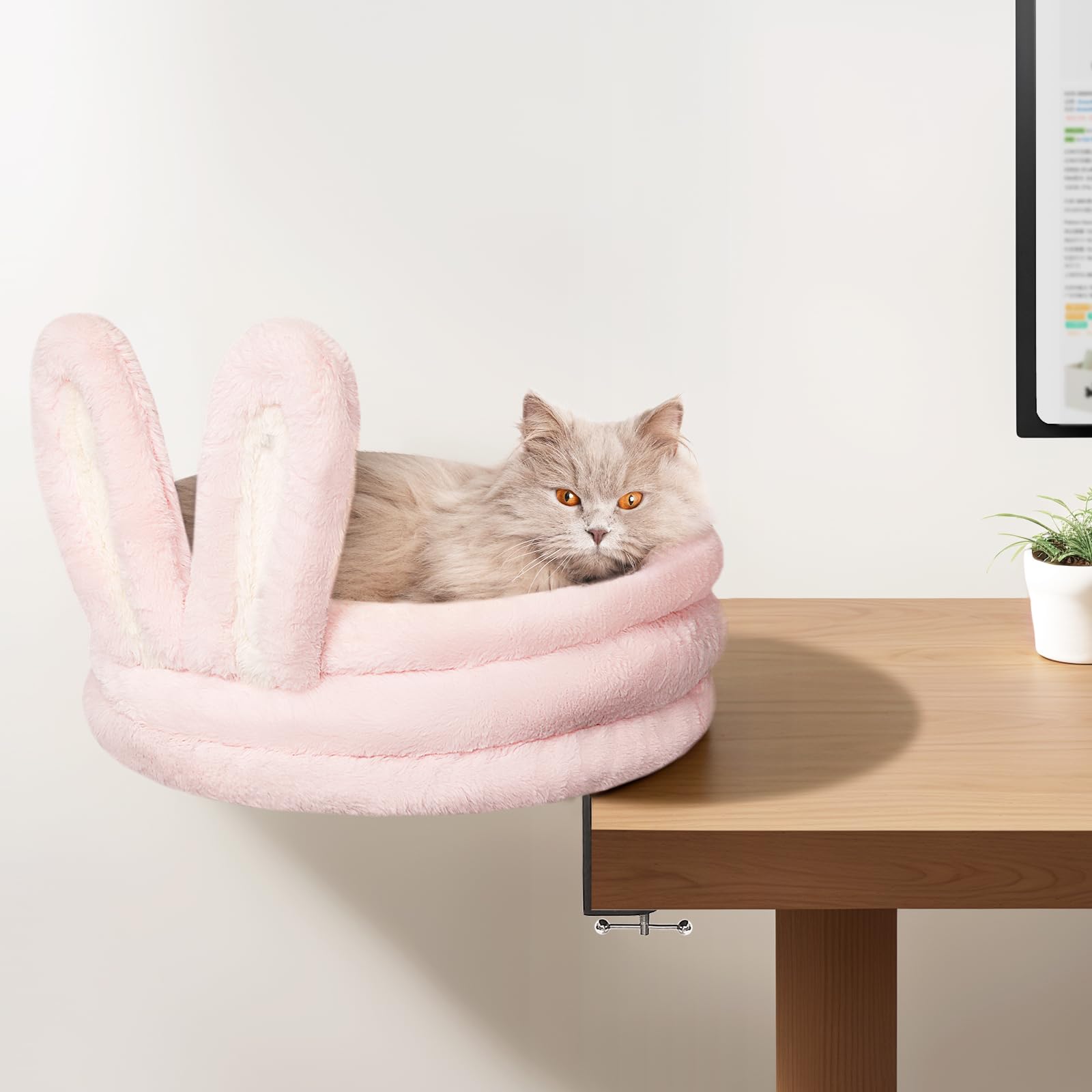 Greenpetopia 360 Rotation Cat Bed For Desk, Cats Desk Bed With Soft Rabbit Ear Cushion, Desk Nest Cat Beds With Metal Frames, Ca