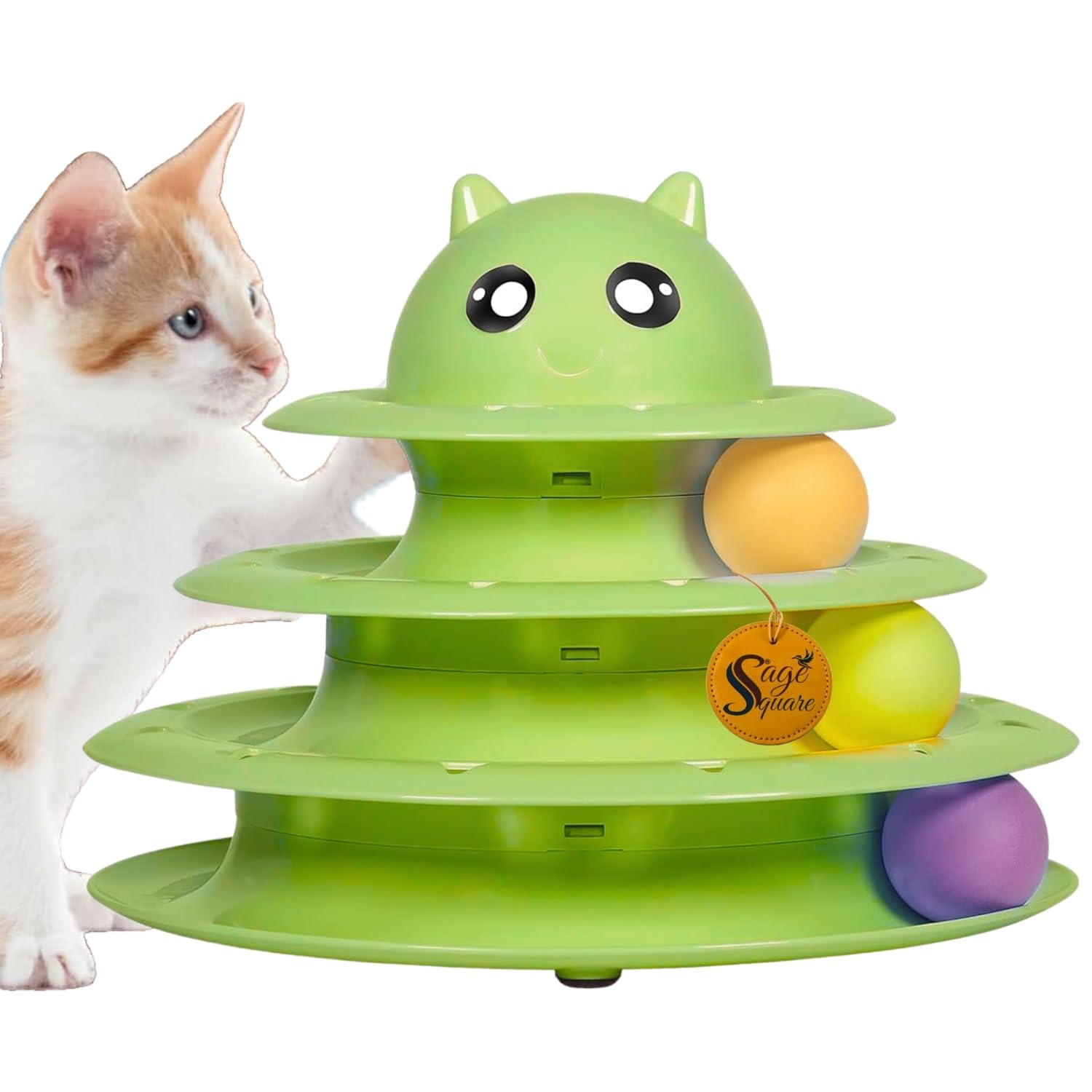 Sage Square Cat Toy Tower  TripleLayer Ball Track Game For Indoor Cats & Kittens | Interactive Spinning Discs To Boost Hunting