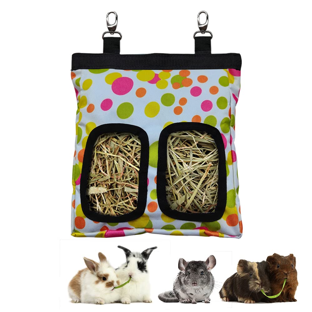 Guinea Pig Hay Feeder, Hanging Rabbit Hay Feeder Bag For Guinea Pigs Bunnies Chinchillas. M, Colorful Dots
