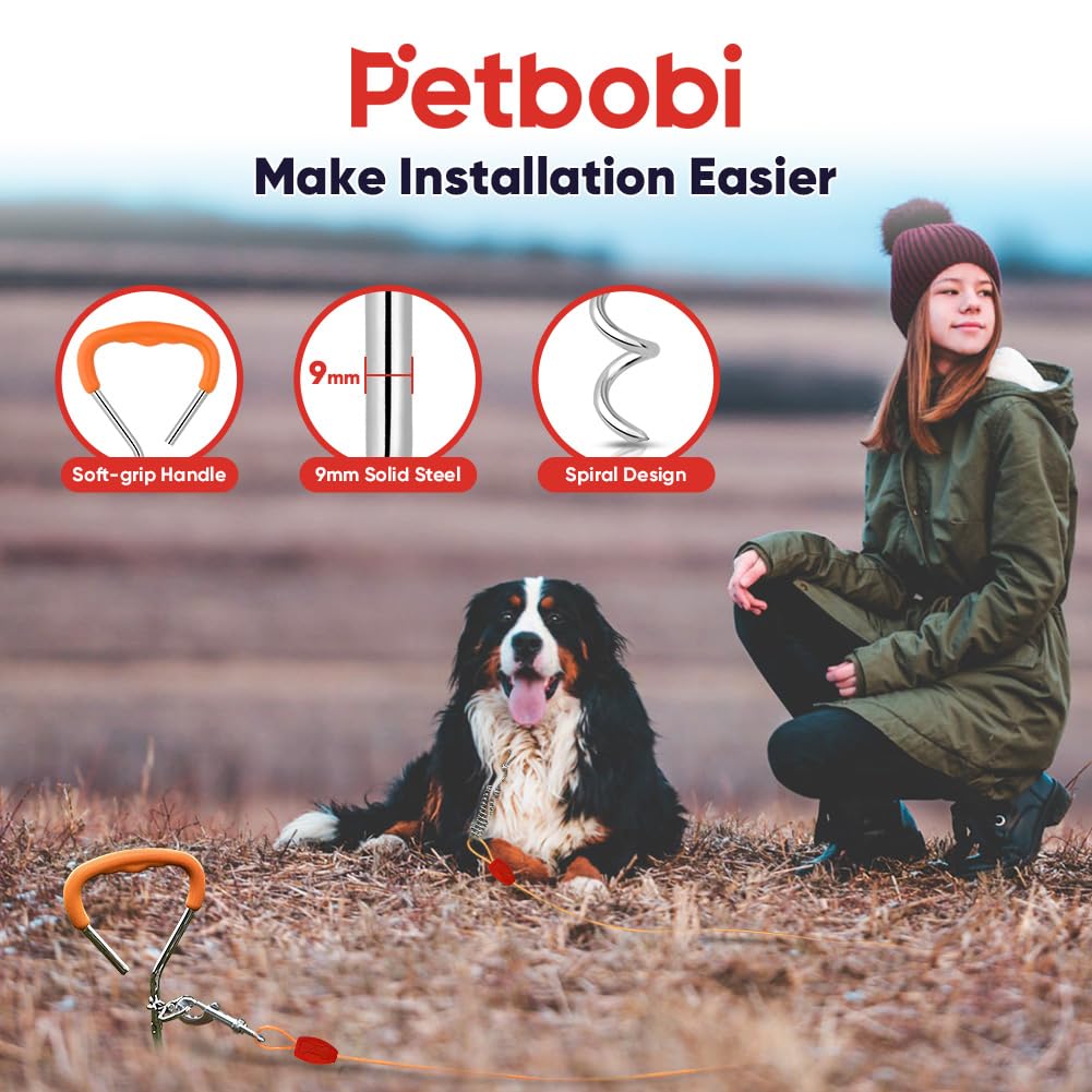 Petbobi Dog Tie-Out Cable And Stake - 30Ft Heavy Duty Cable With Spring, No Tangle, 16In Ground Stake, Ideal For Yard, Camping A