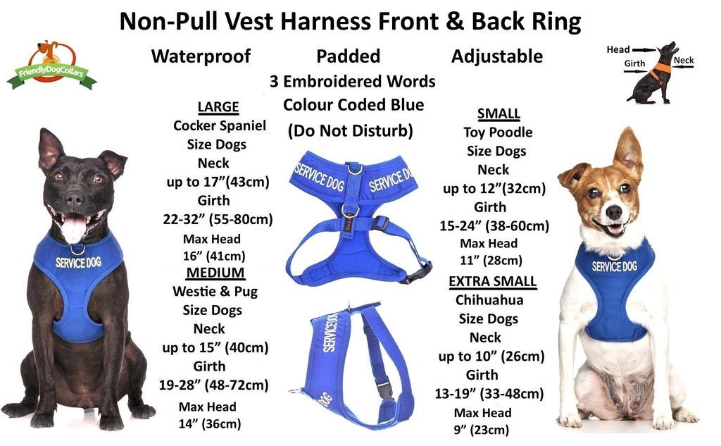 SERVICE DOG (Do Not Disturb/Dog Is Working) Blue Colour Coded Non-Pull Front and Back D Ring Padded and Waterproof Vest Dog Harn