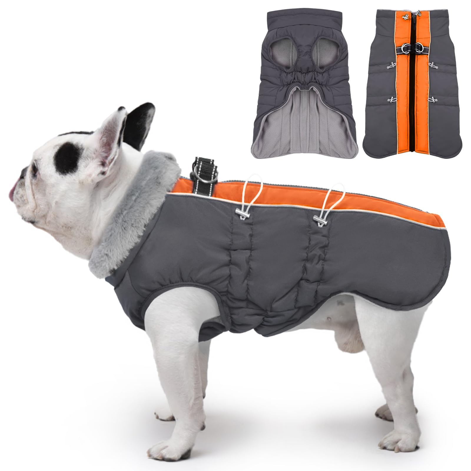IKIPUKO Dog Coat - Large Dog Winter Jacket, Warm Zip Up Snowsuit, Reflective, Water-Resistant, Orange-Gray