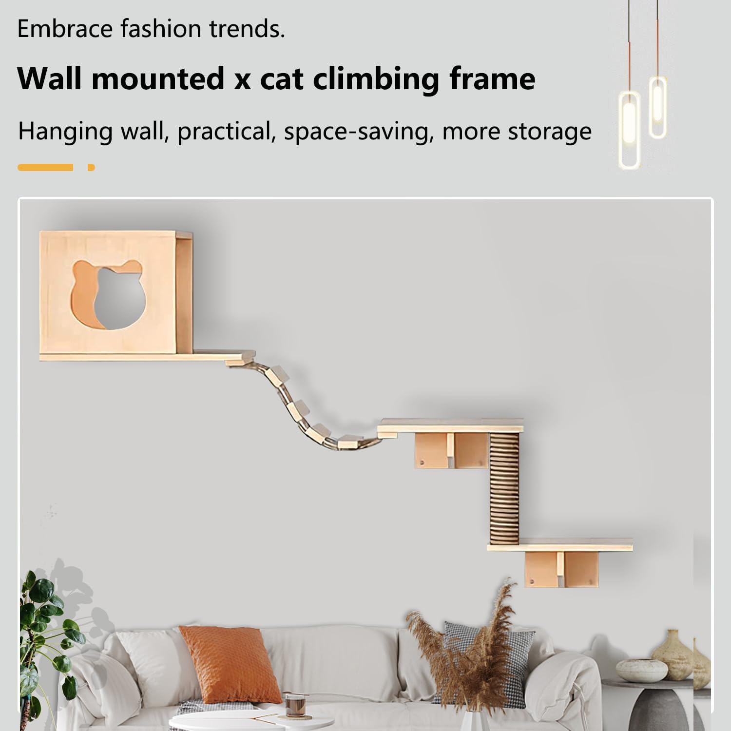 Canormpet Cat Wall Shelves, 3 Levels Cat Furniture With 1 Condo, 2 Shelves, 1 Scratching Post, 1 Bridge Ladder, Pine Wood