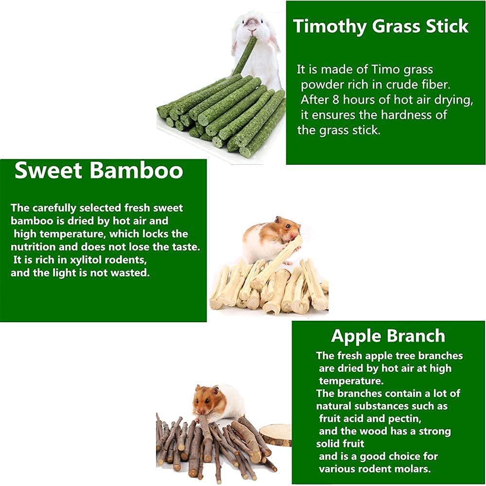 Dbeans Flourithing 150G 3 Types Of Combined Chew Toys Molar Sticks Sweet Bamboo Apple Branch Timothy Grass For Pets Chinchilla Squirrel Gerbil Hamster Squirrel Guinea Pigs