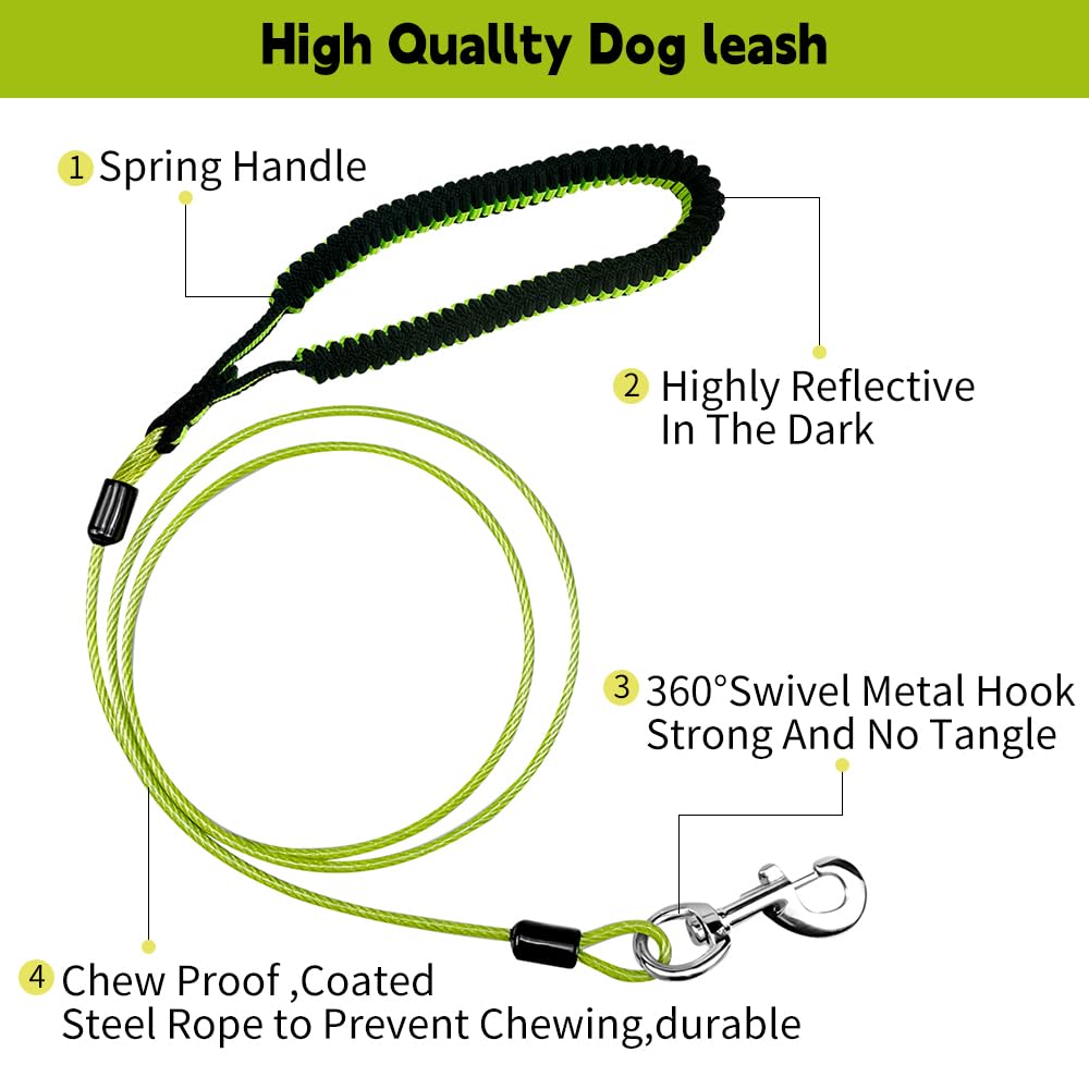 Heavy Duty Dog Leash, Chew Proof Metal Leash For Large Dogs (Up To 250Lbs), Wirerope Dog Leashes With Soft Silicone Grip (Green,