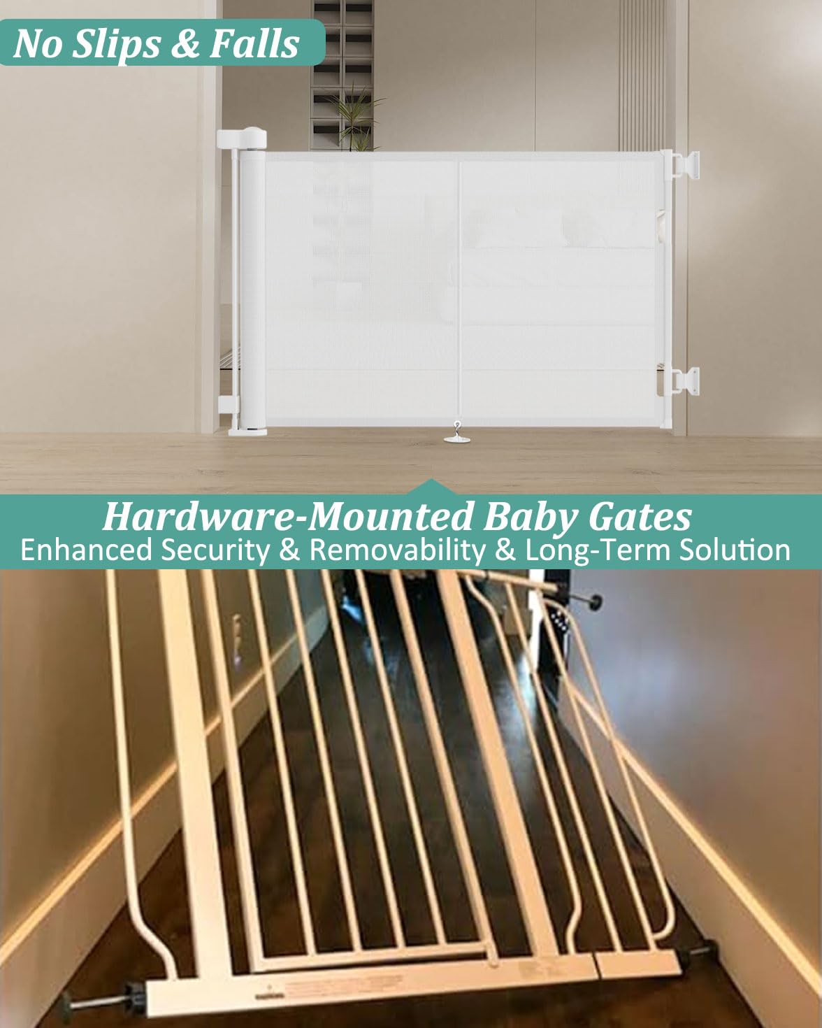Miumoon 50 inch Retractable Baby Gates 34 inch Tall, Retractable Gate with Reinforced Strip Design to Prevent Crawling Through,