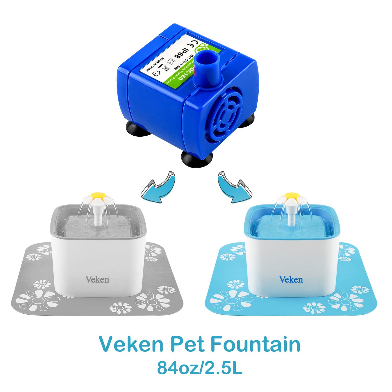 Veken Replacement Pump For Cat Water Fountain Pet Fountain Ultra Quiet Long Lifespan Water Pump With Adaptor And 6 Ft Power Cable