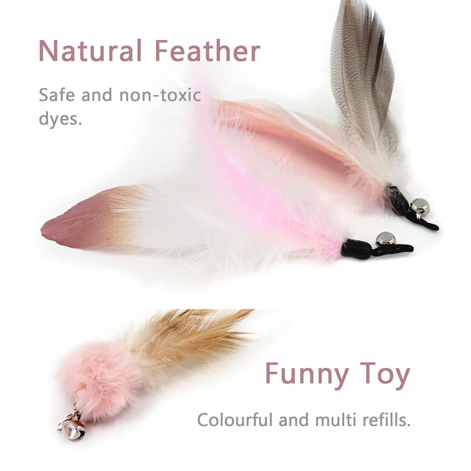 Songway Interactive Cat Feather Toys - 7 Pcs Cat Toy Set, Retractable Cat Wand Toy, Teaser Refills Worm Bird Feathers With Bell, Cat Teaser Toys For Indoor Cats Kitten Play Chase Exercise, Light Pink