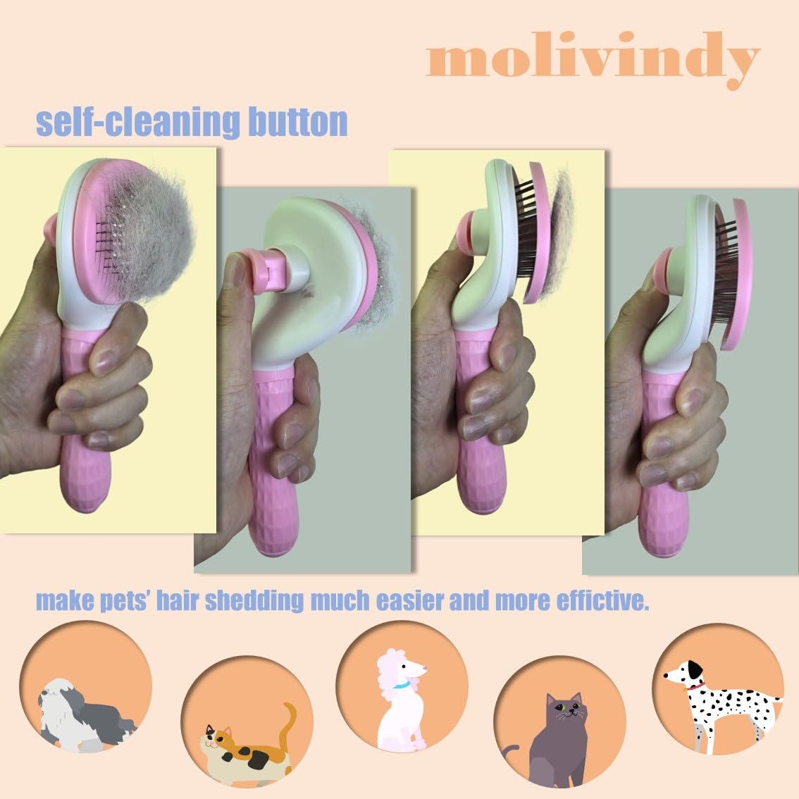Molivindy Self Cleaning Slicker Brush,Dog Brush With Massage Particles,Removes Loose Hair & Tangles,Skin Friendly & Promote Circ