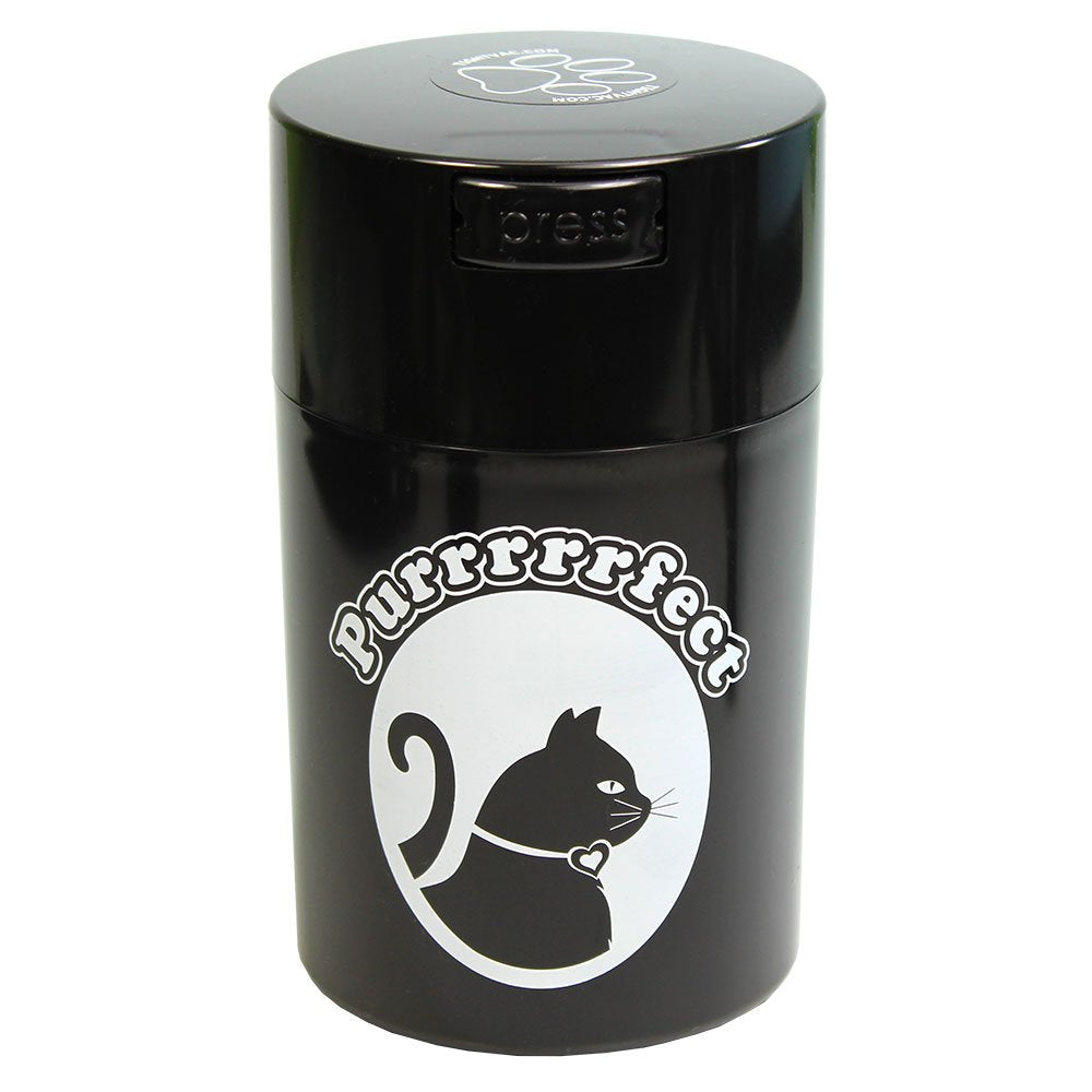 Pawvac 6 Ounce Vacuum Sealed Pet Food Storage Container; Black Cap & Body/White Cat
