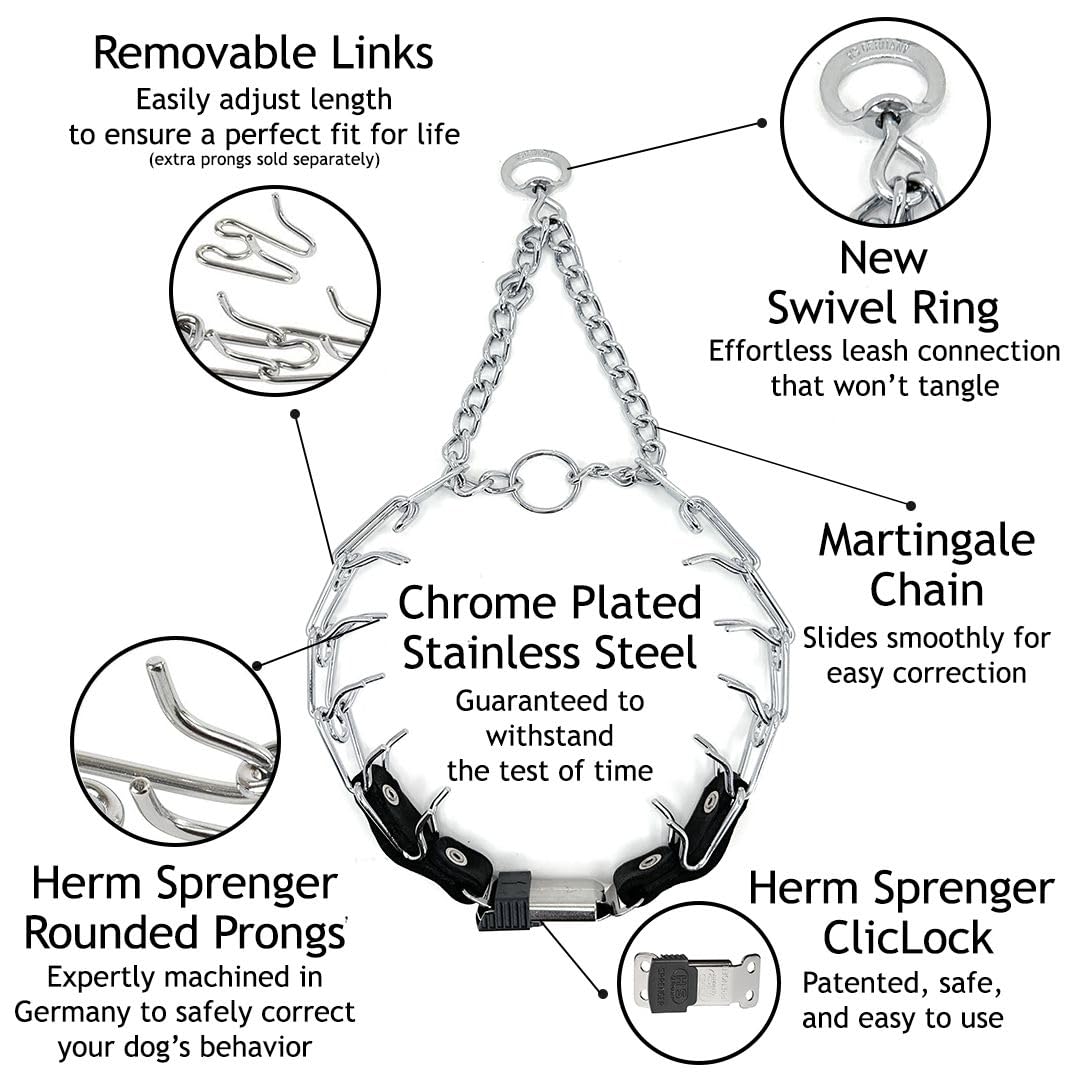 Herm Sprenger Prong Collar For Dog Training With Easy Quick Release Cliclock & Swivel Ring - German Made Dog Collar With Chrome